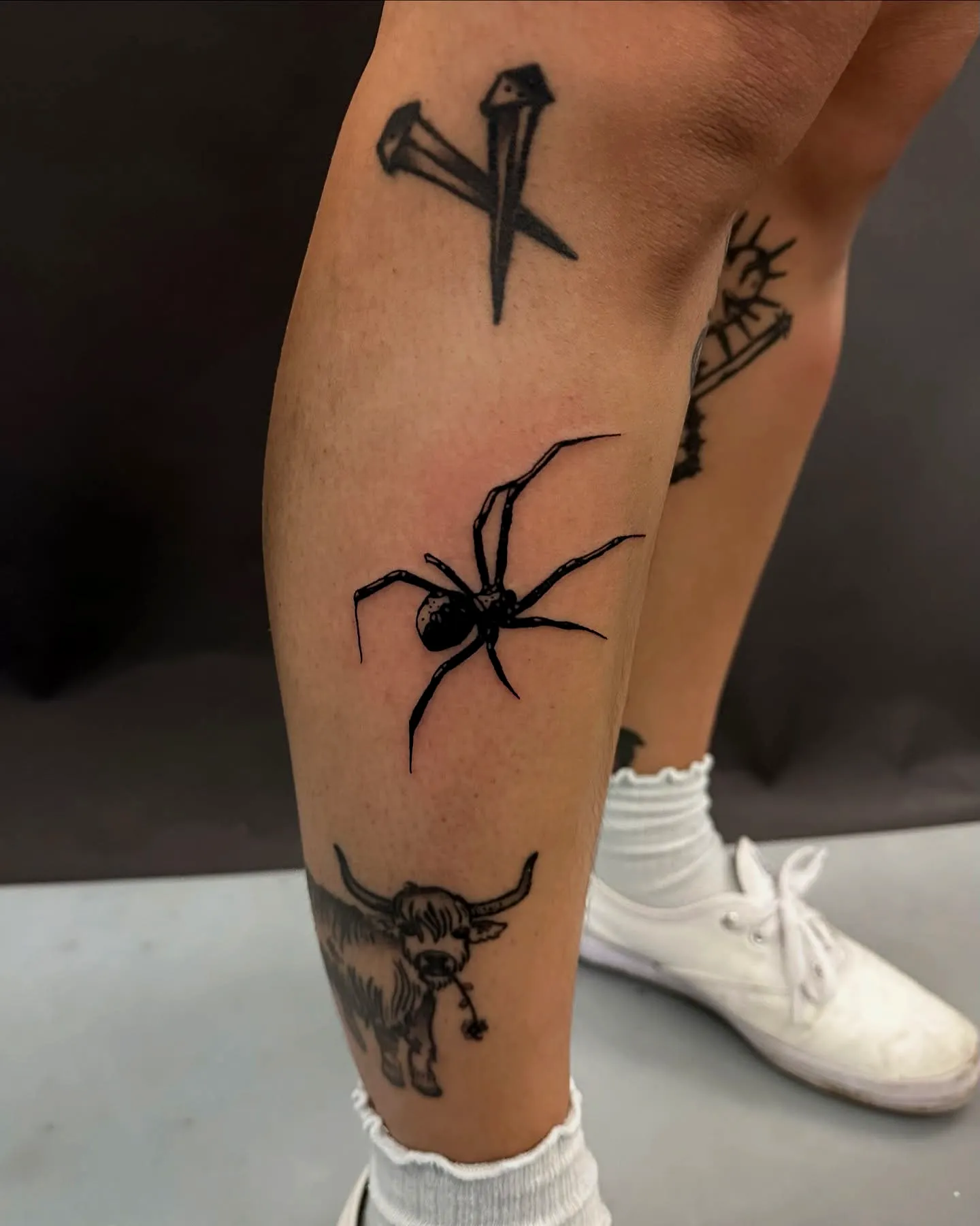 Black Spider Lower Leg Tattoo Design