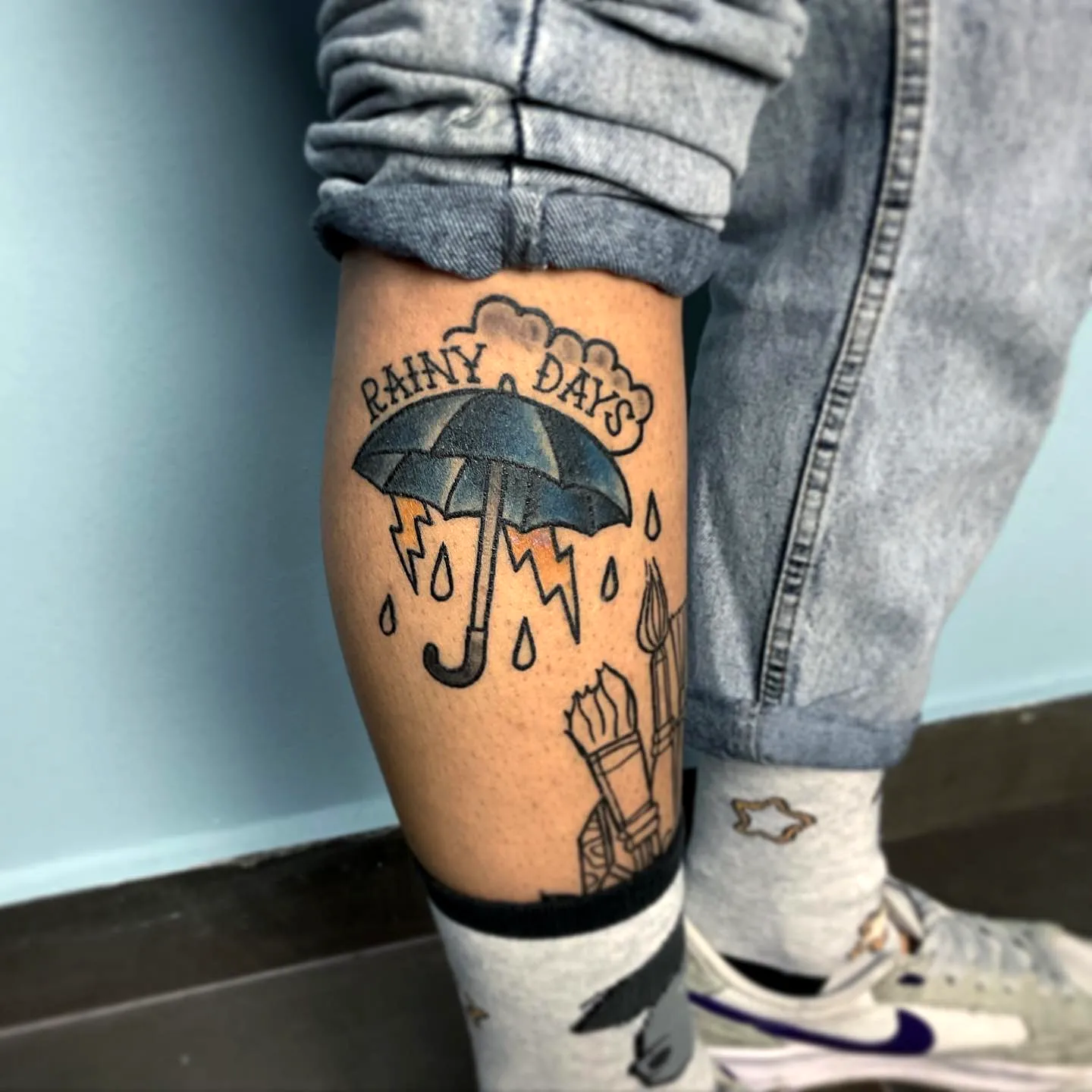 Black Umbrella Calf Tattoo with Raindrops