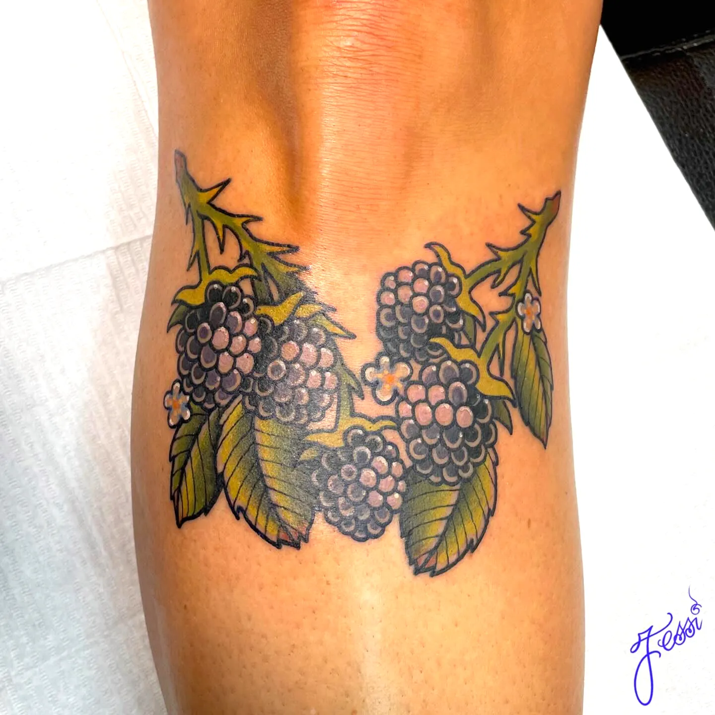 Blackberry Knee Tattoo with Green Leaves