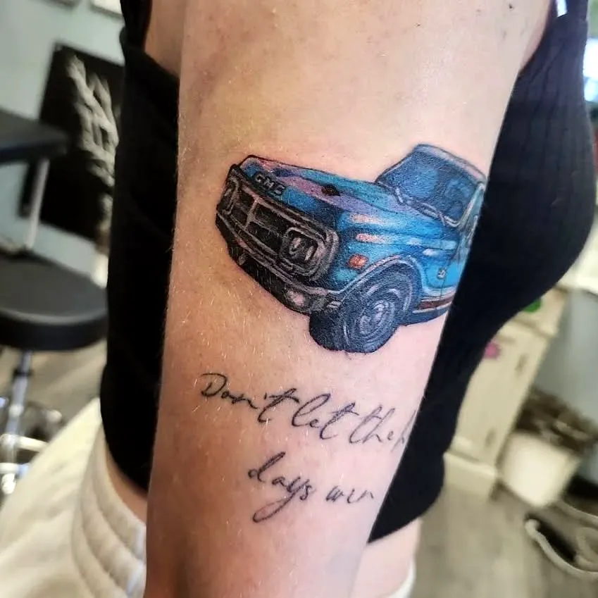 Blue Truck Forearm Tattoo with Script