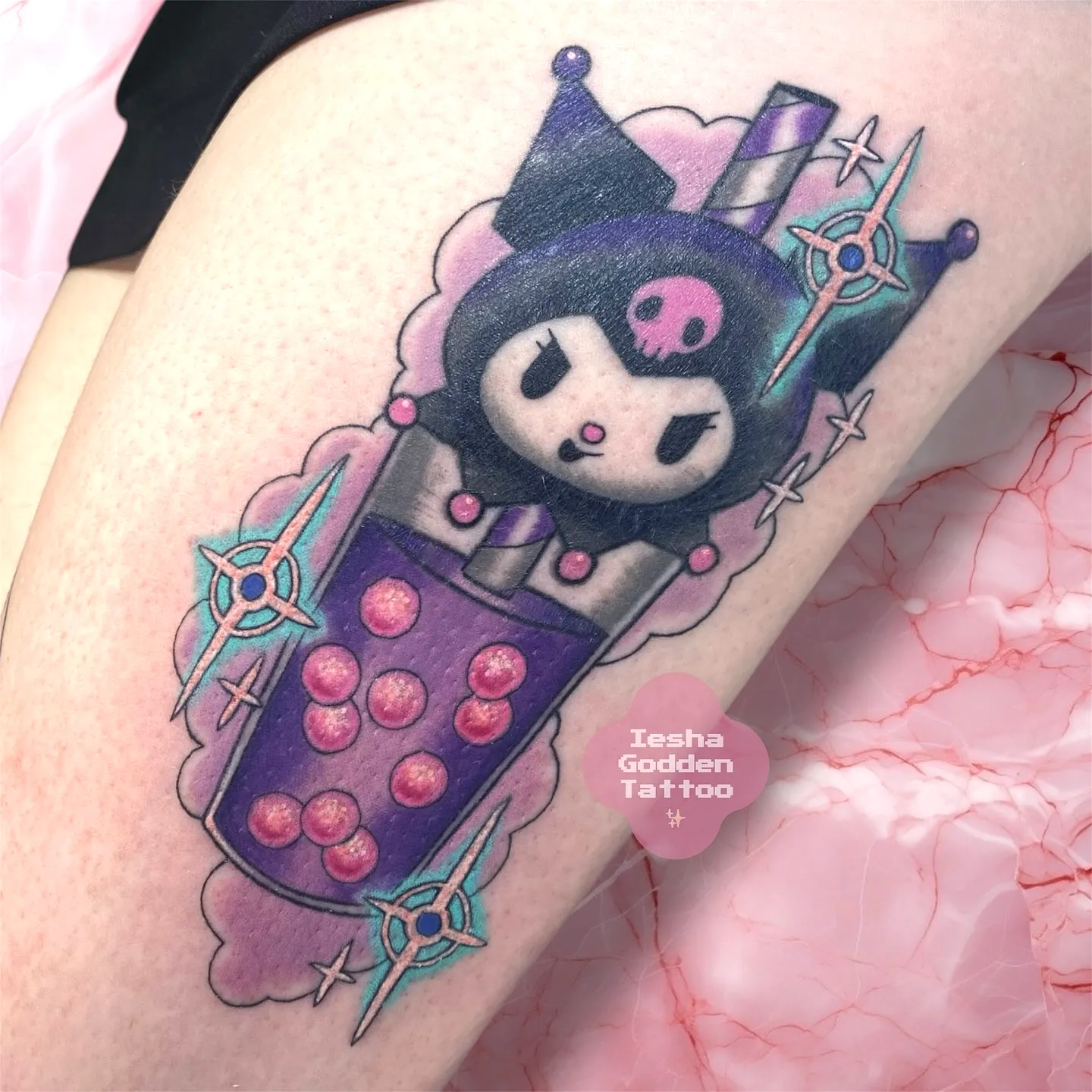 Cartoon Ghost Arm Tattoo with Beaker