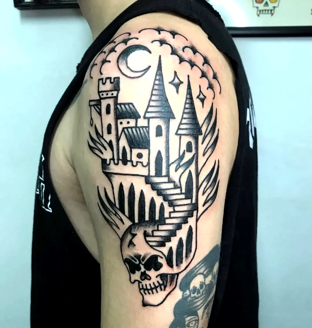 Castle Skull Stairs Arm Tattoo