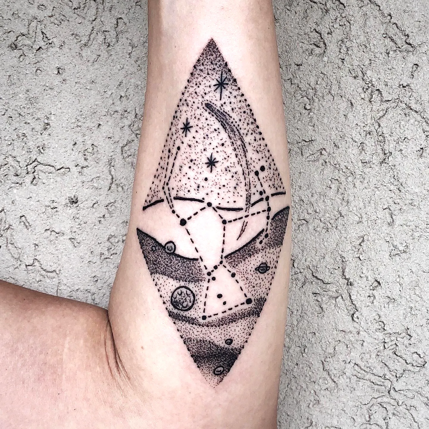 Celestial Forearm Tattoo in Black Ink