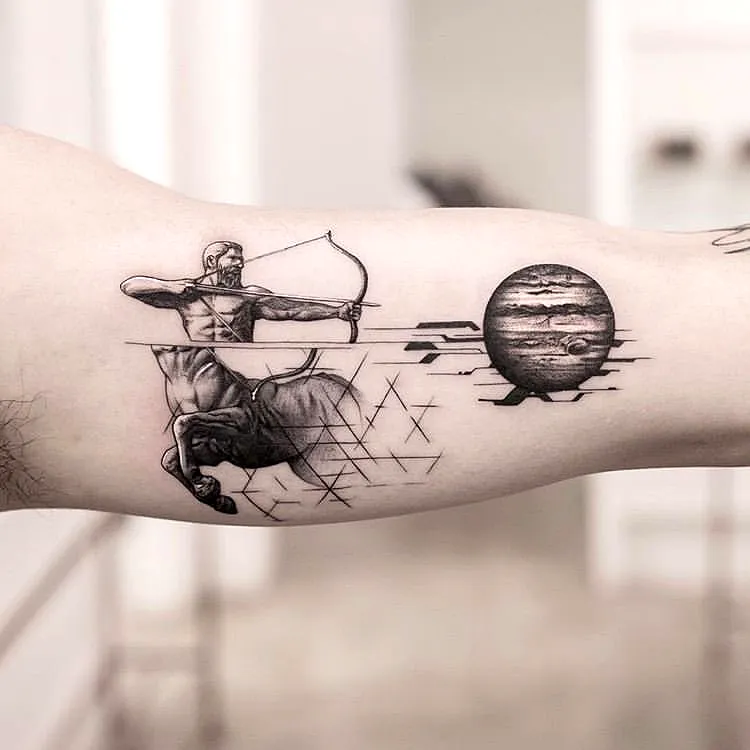 Centaur Archer Arm Tattoo in Gray Tones