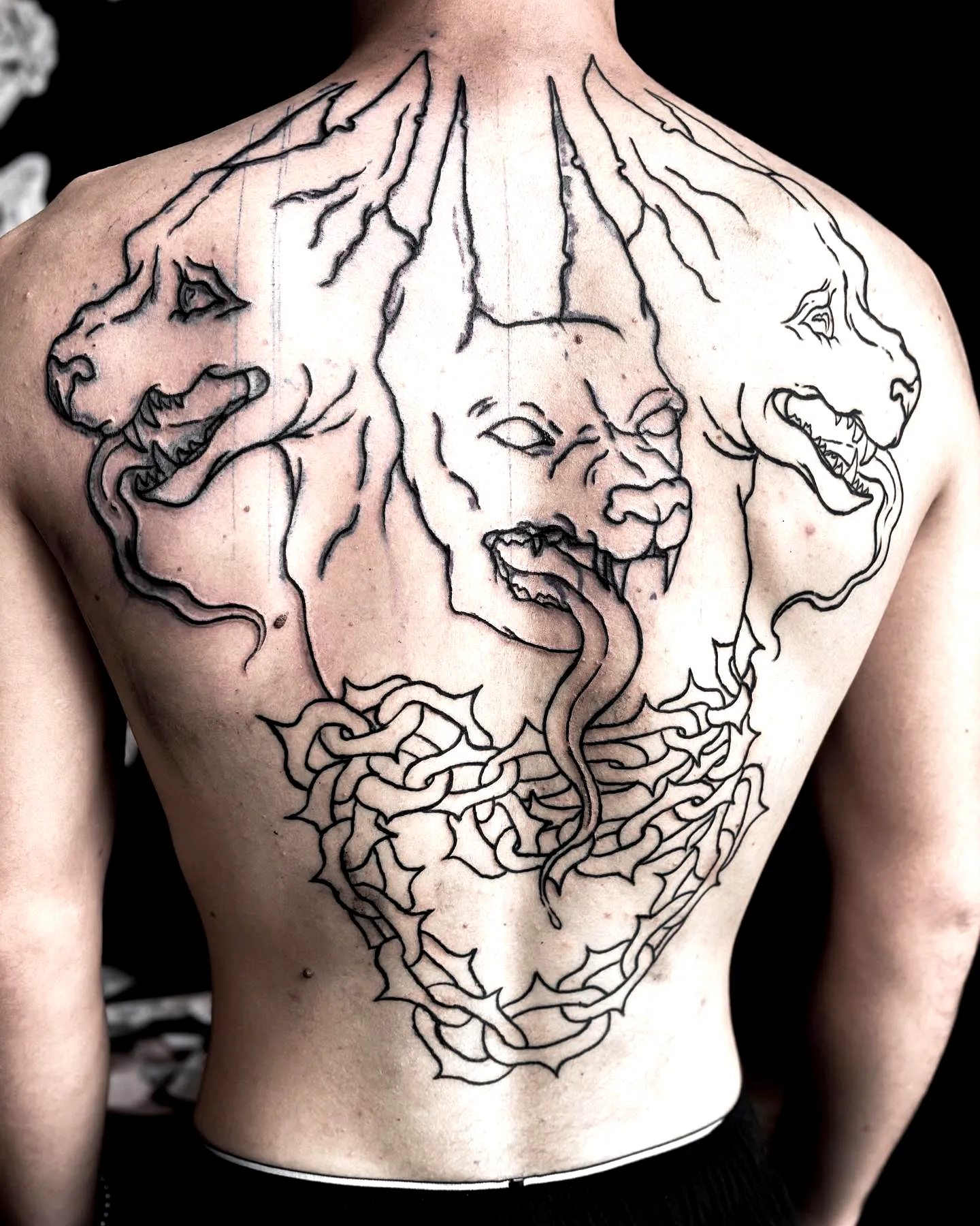 Cerberus Back Tattoo with Vine Elements