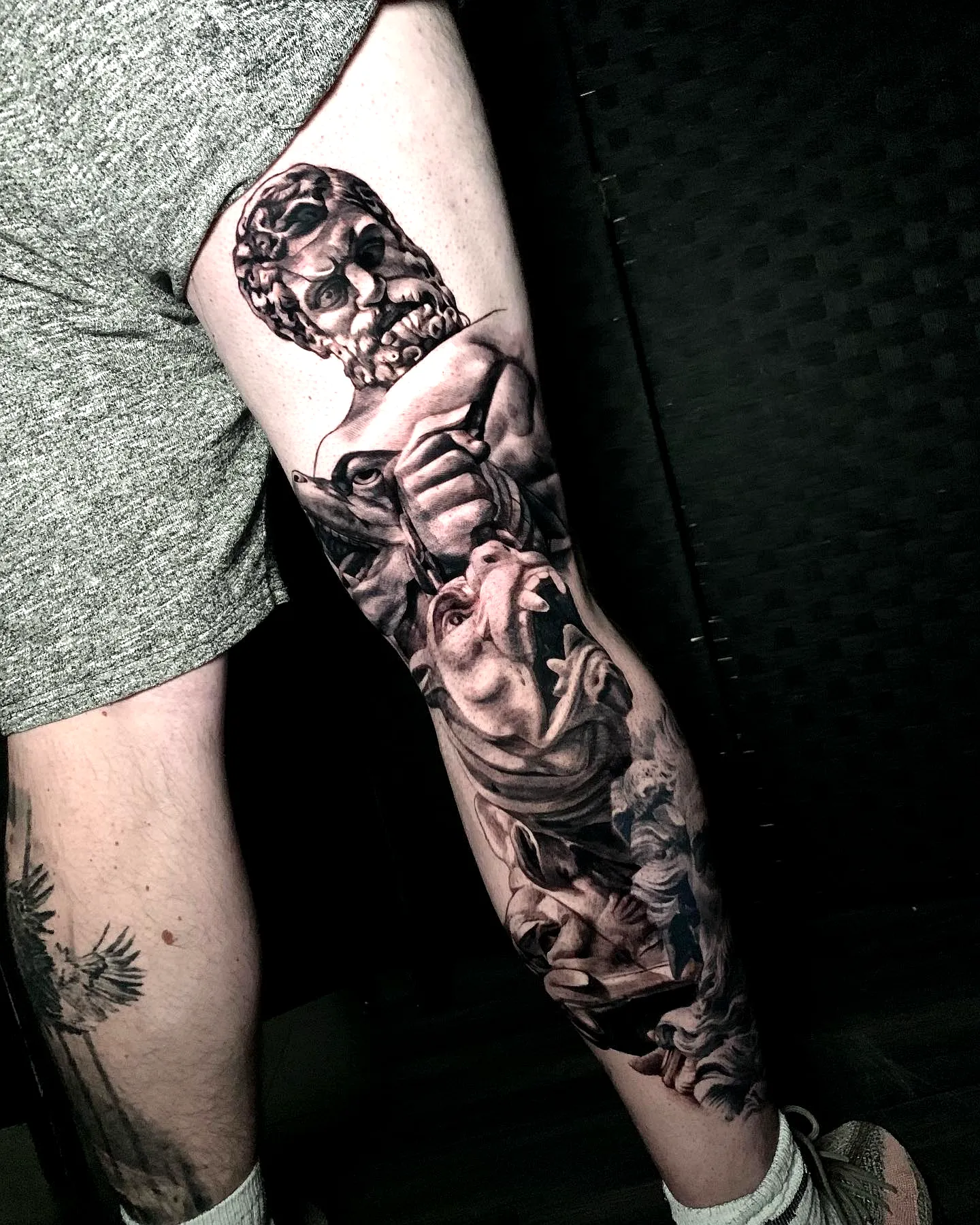 Cerberus Thigh Tattoo in Black and Gray