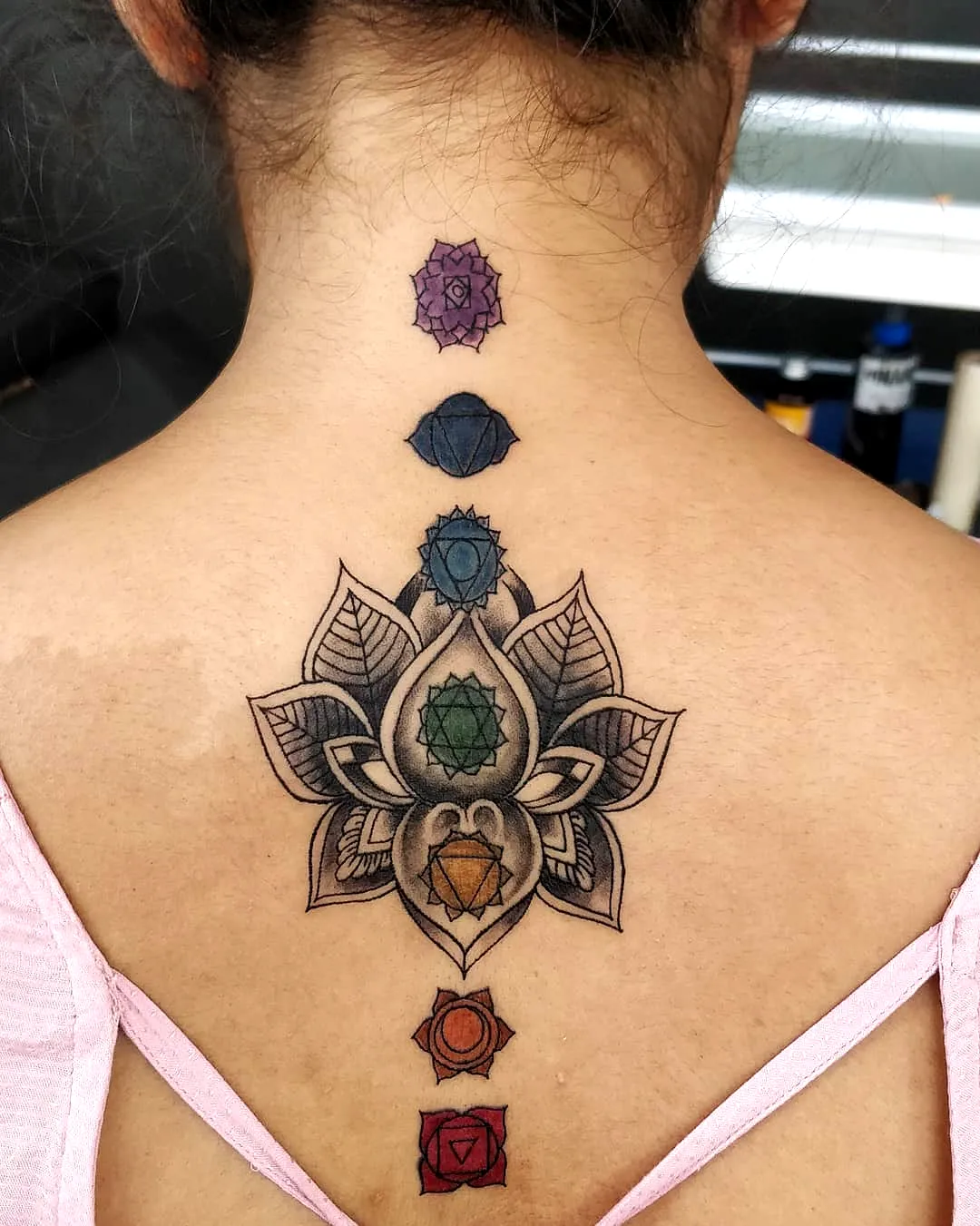 Chakra Lotus Back Tattoo Design