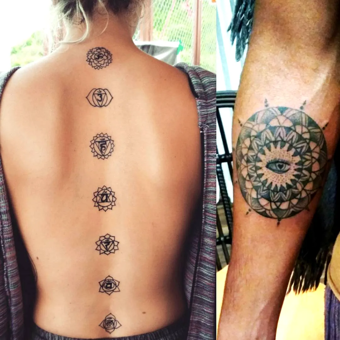 Chakra Spine Tattoo and Mandala Arm Tattoo