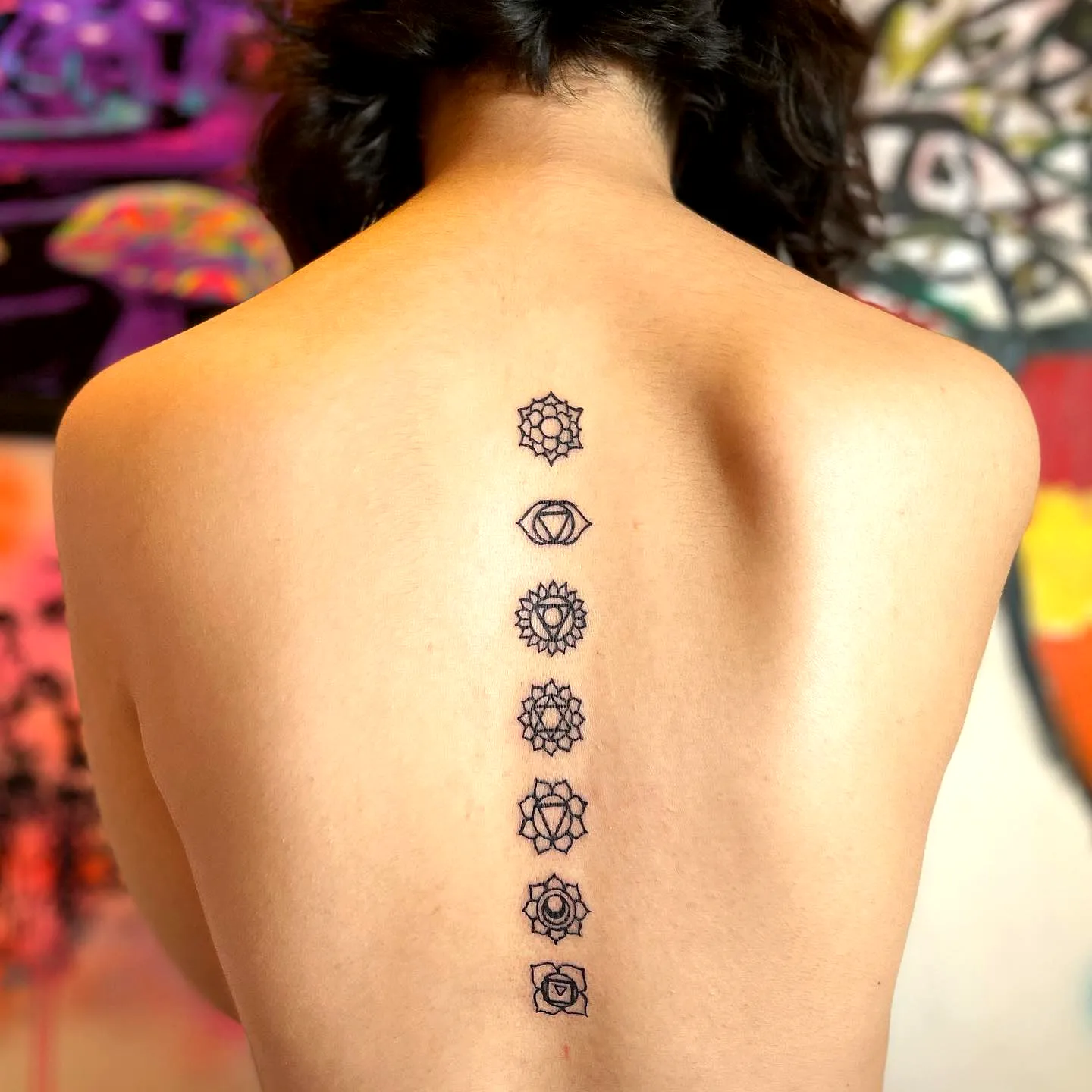 Chakra Spine Tattoo in Black Ink