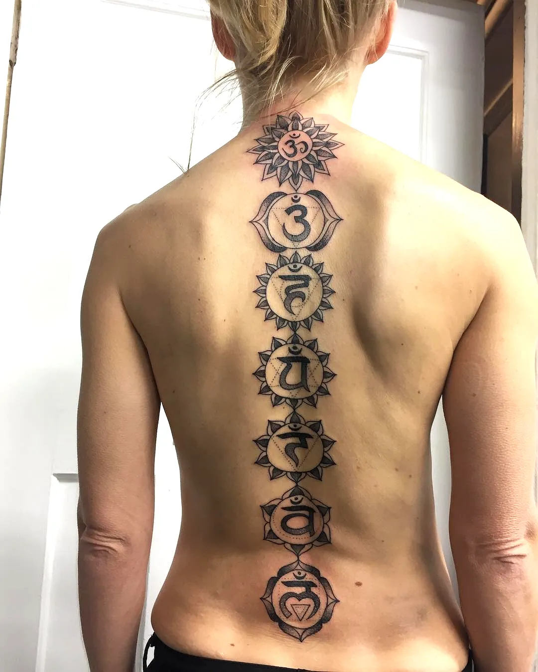 Chakra Spine Tattoo with Lotus Flowers