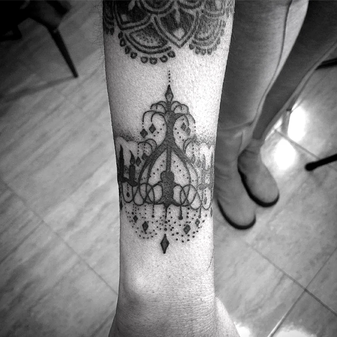 Chandelier Forearm Tattoo with Crystals