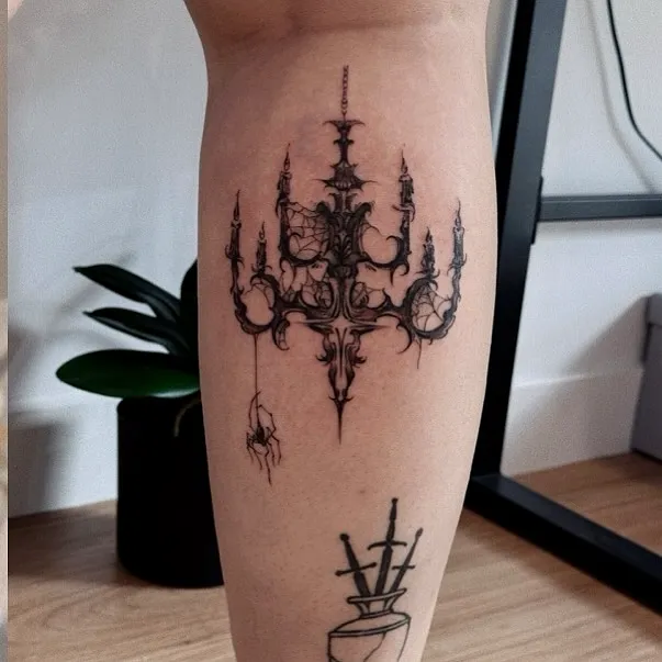 Chandelier Leg Tattoo with Spider