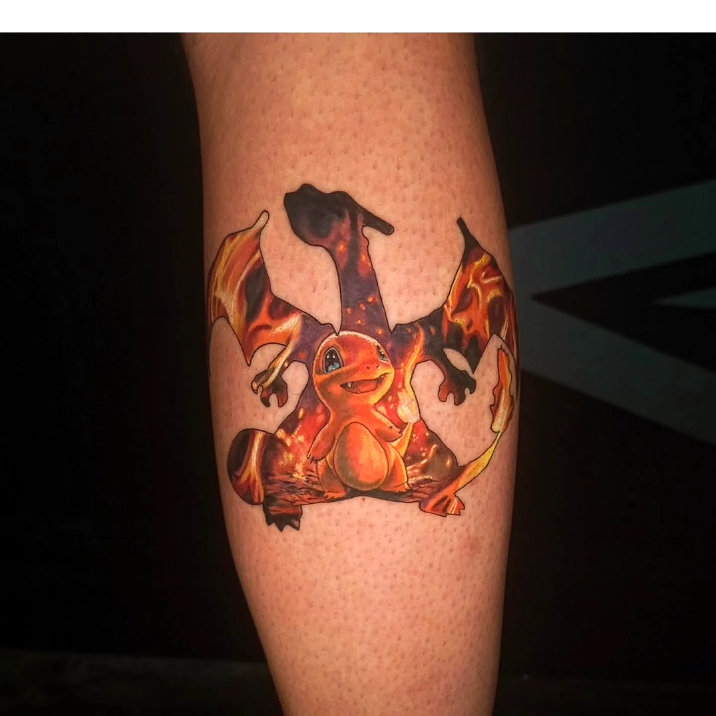 Charizard and Charmander Calf Tattoo