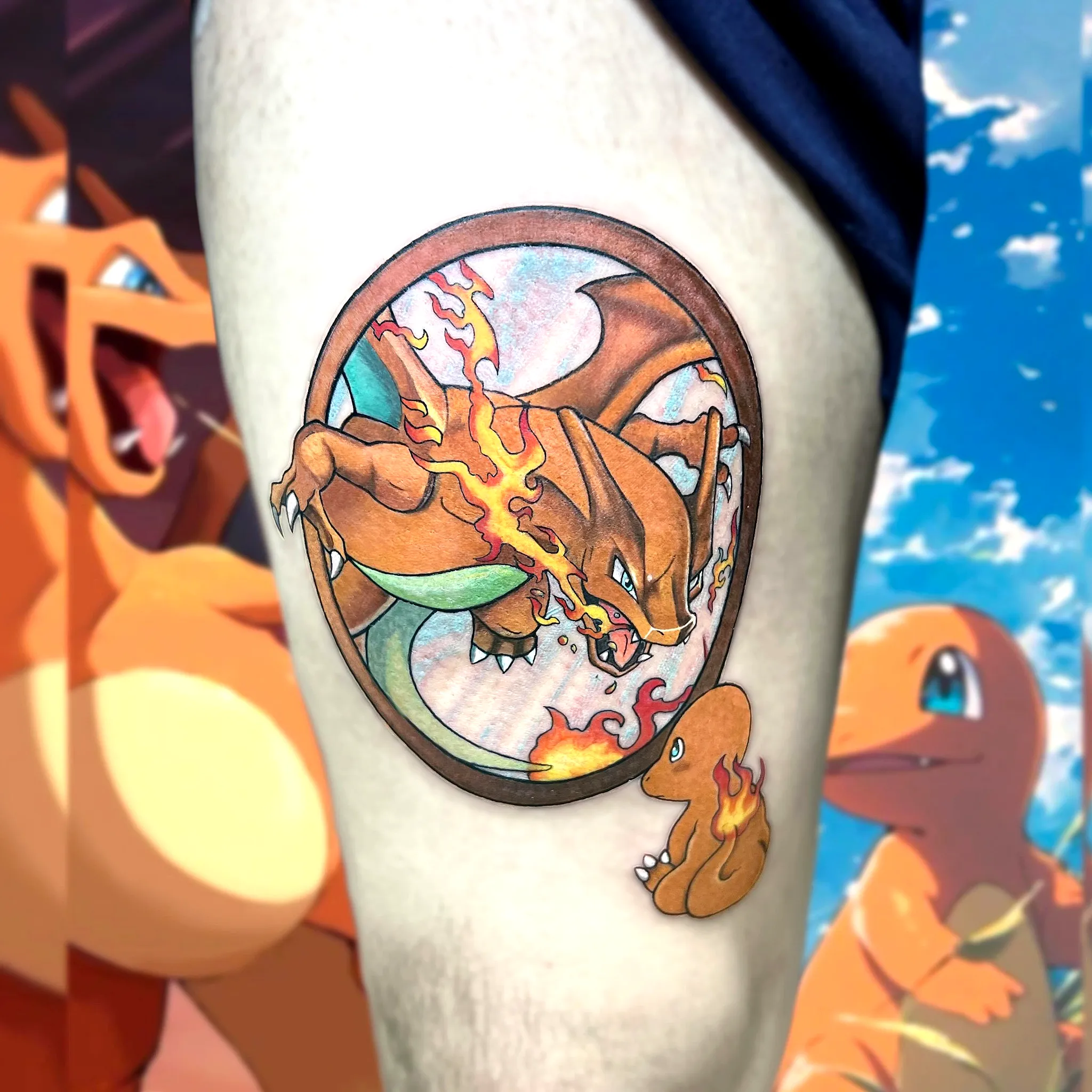 Charizard Thigh Tattoo with Flames