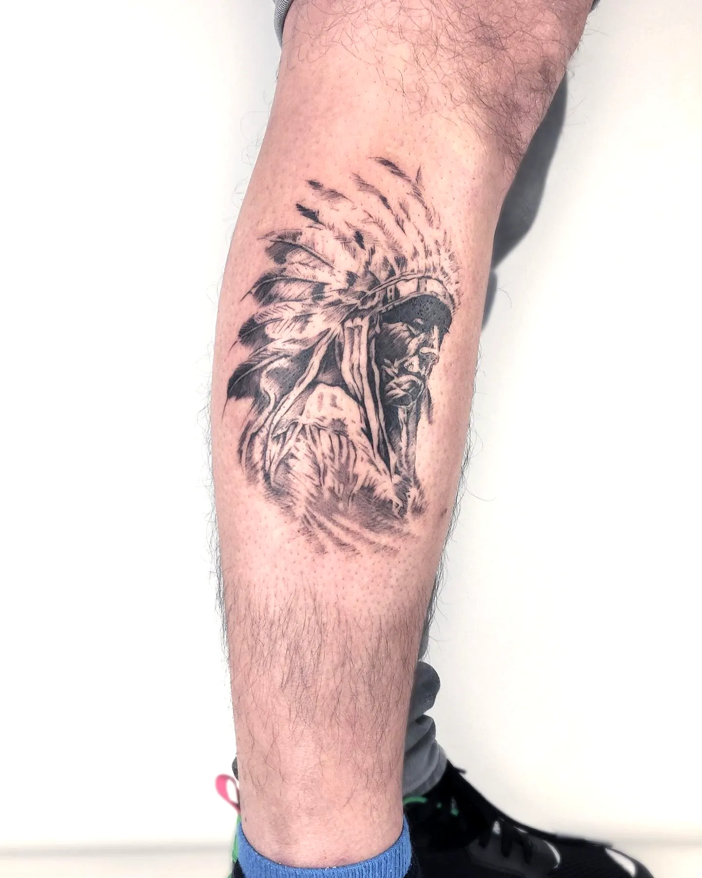 Cherokee Chief Leg Tattoo - Realistic Design