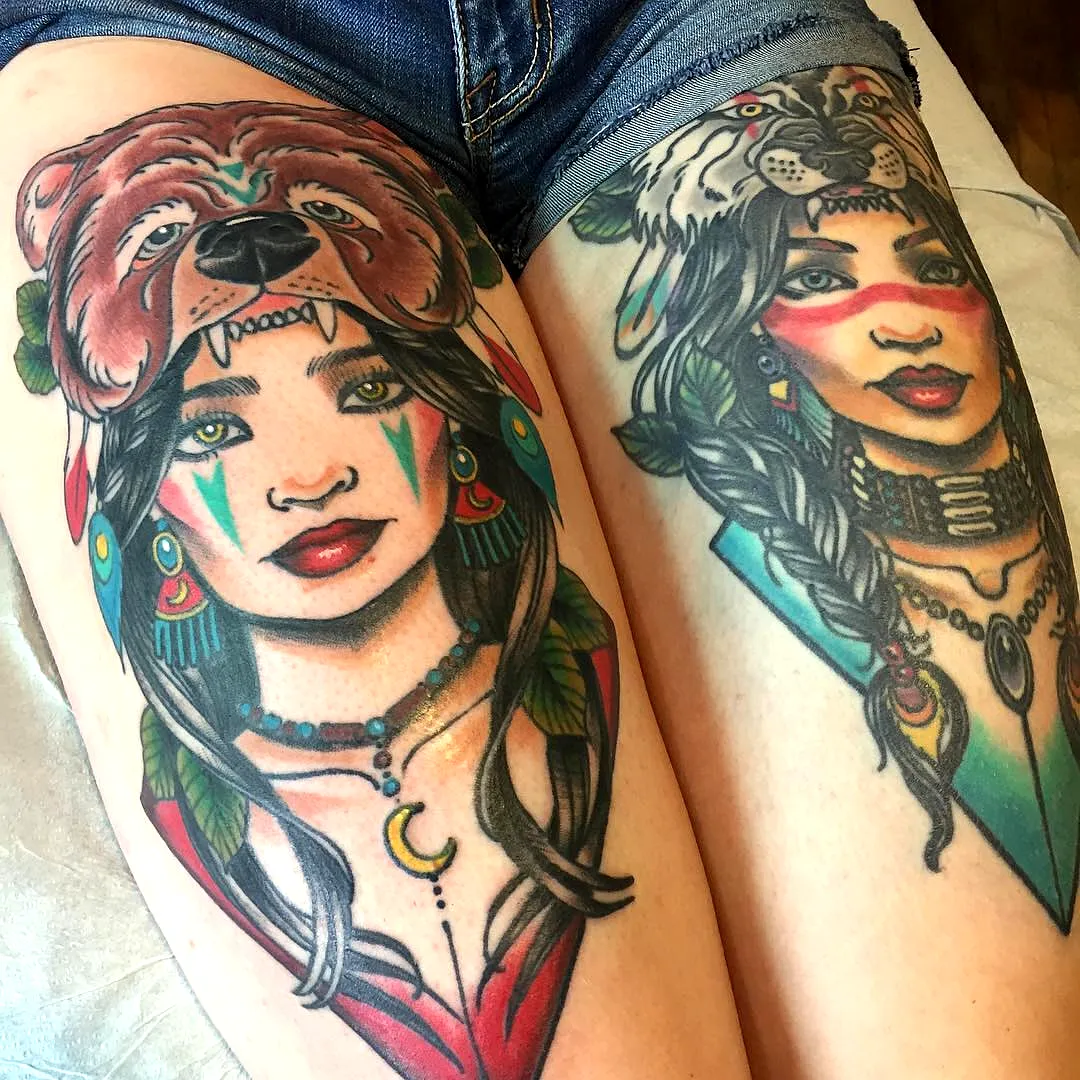 Cherokee Thigh Tattoo with Nature Elements