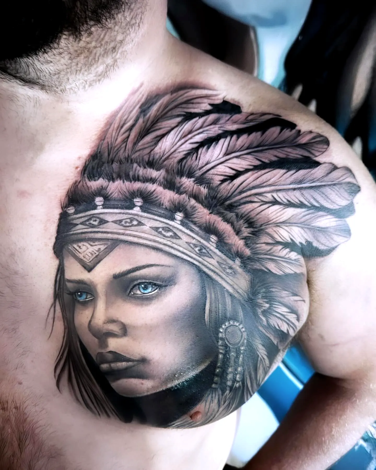 Cherokee Woman Chest Tattoo in Gray Blue