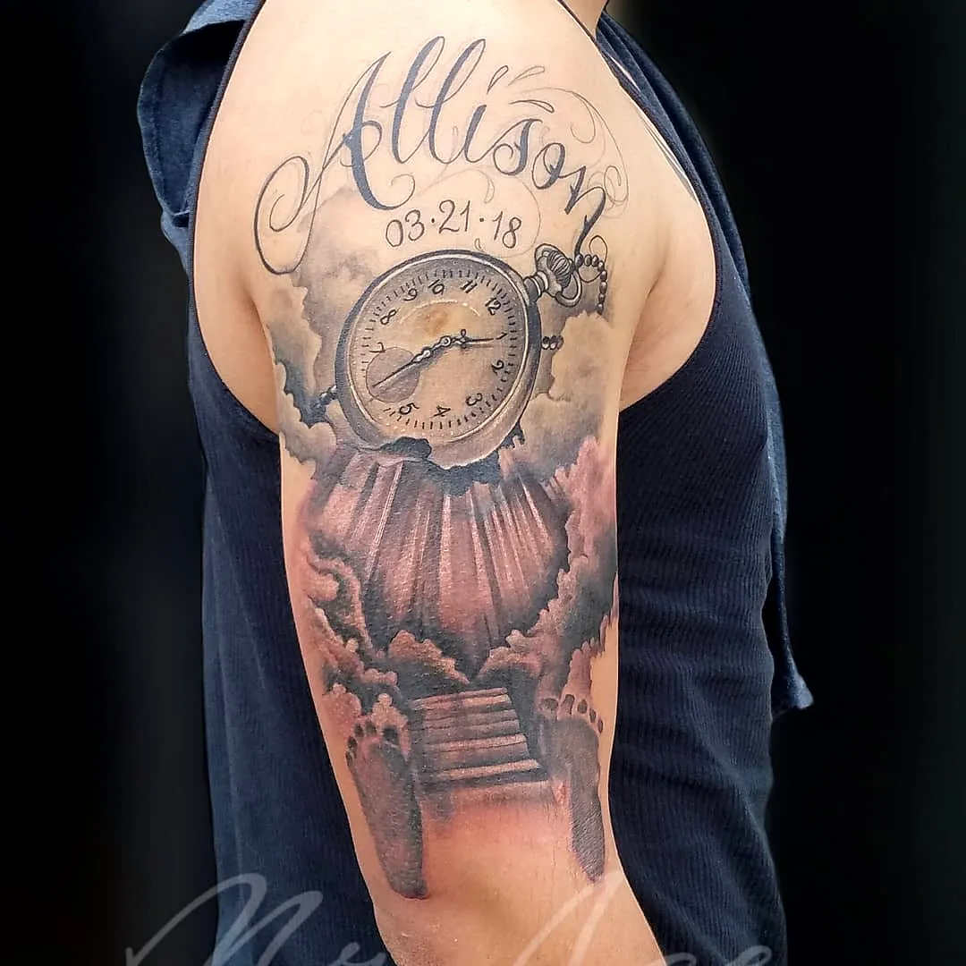 Cloud Clock Upper Arm Tattoo