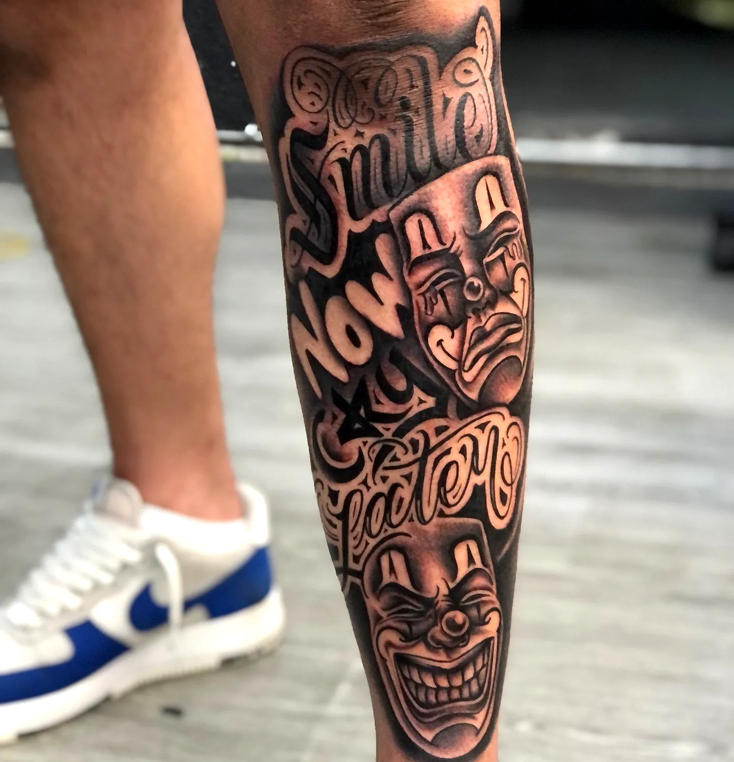 Clown Calf Tattoo with Black Ink