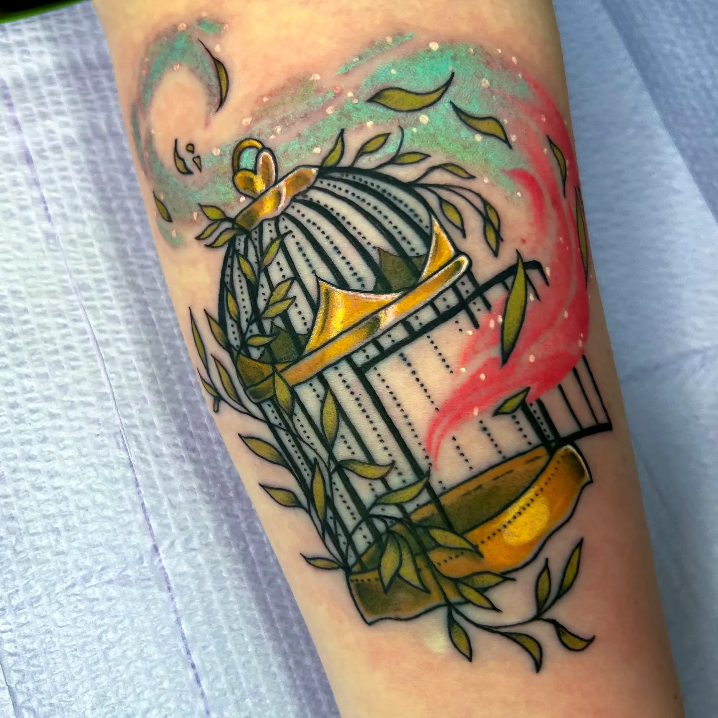 Colorful Birdcage Arm Tattoo Design