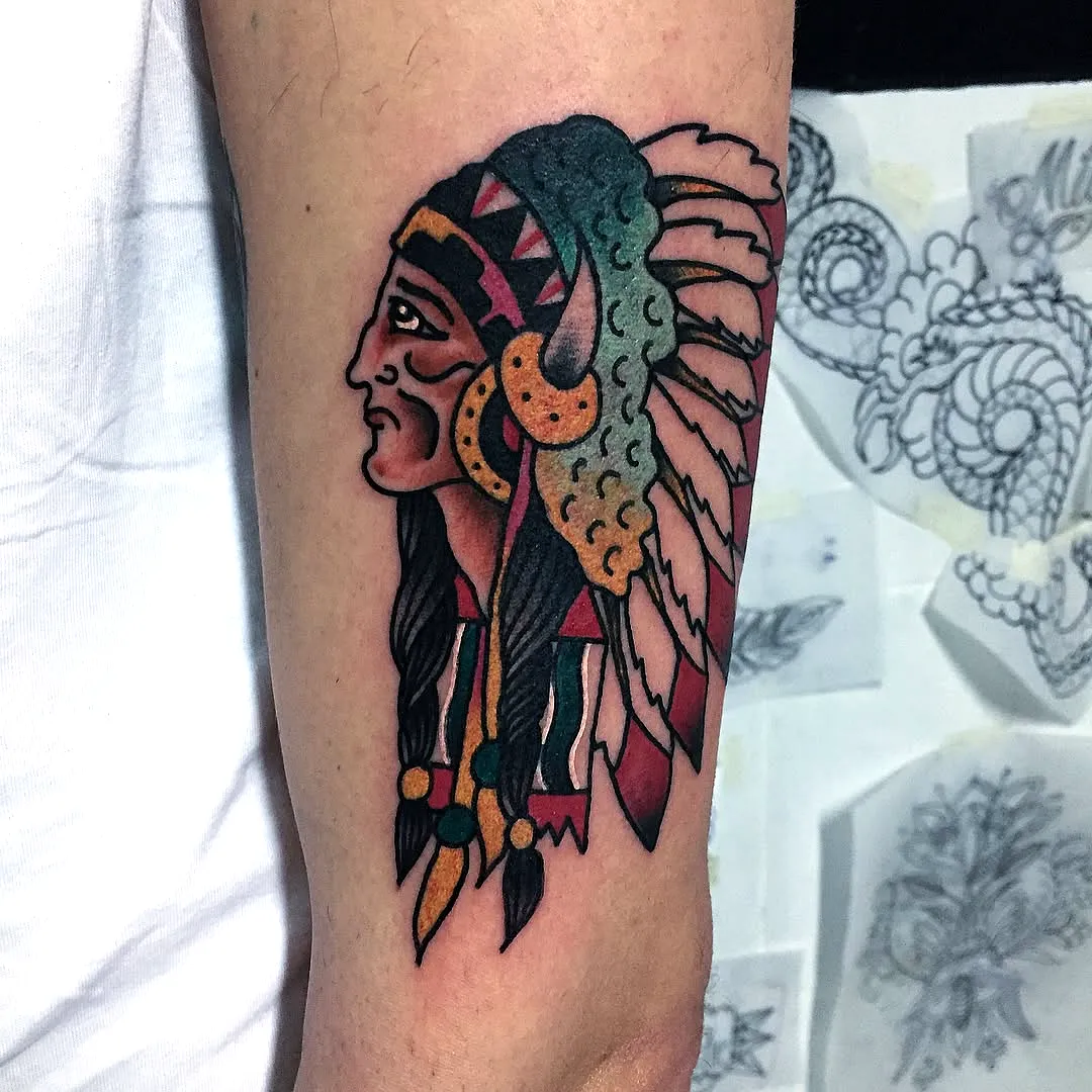 Colorful Cherokee Chief Arm Tattoo