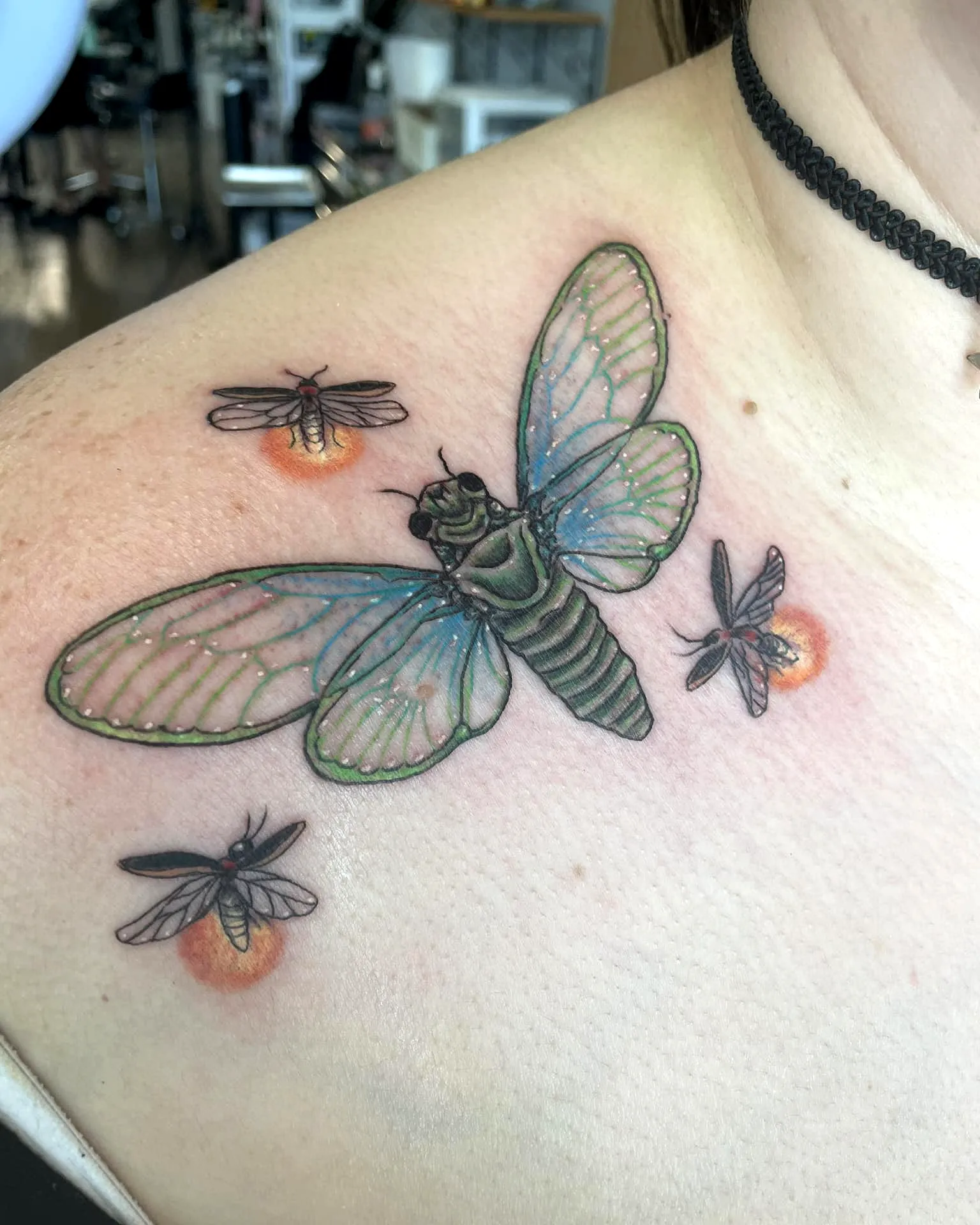 Colorful Cicada Shoulder Tattoo