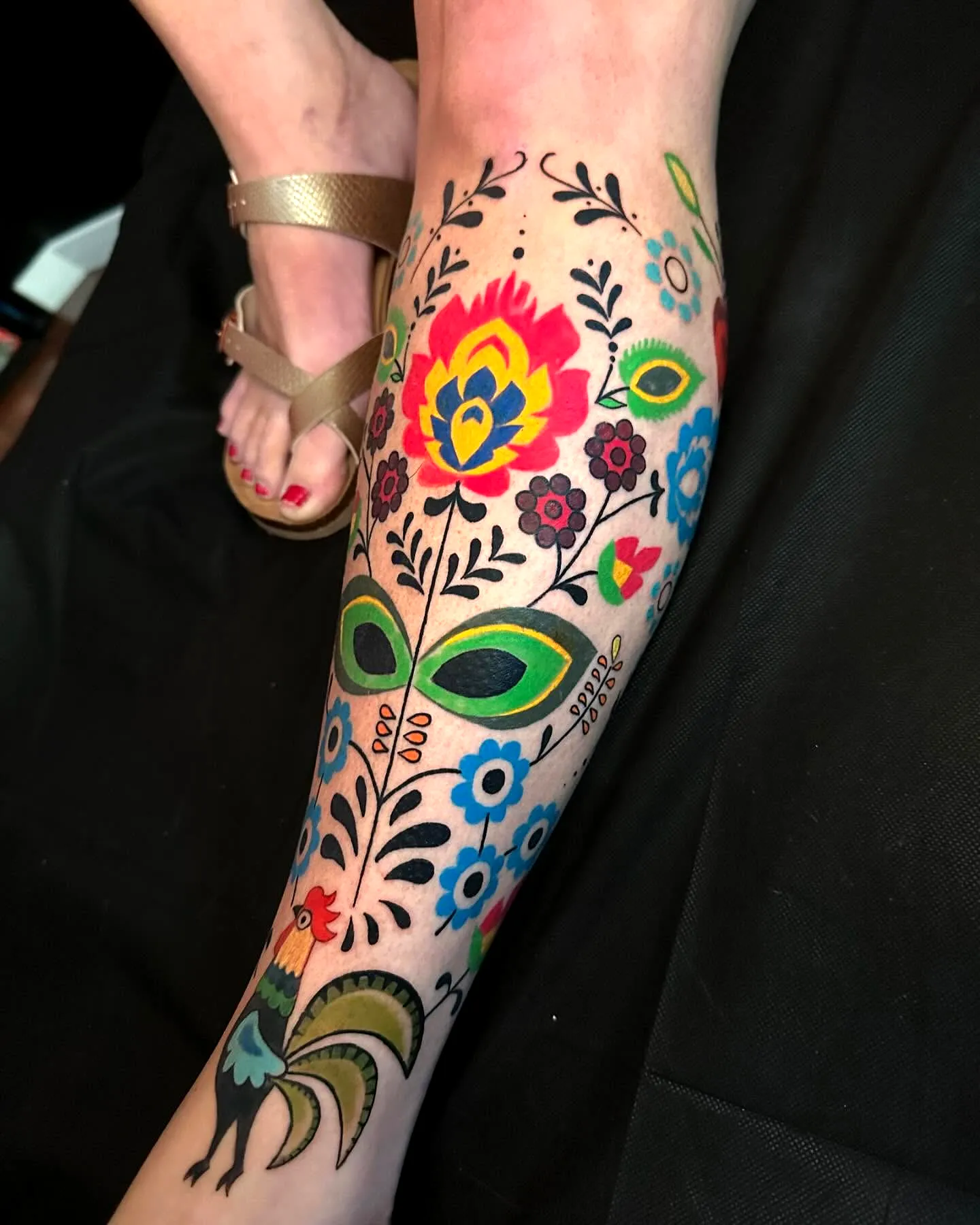 Colorful Floral Rooster Leg Tattoo