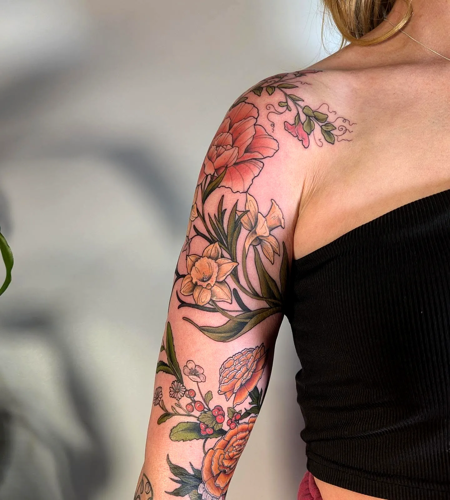 Colorful Floral Upper Arm Tattoo