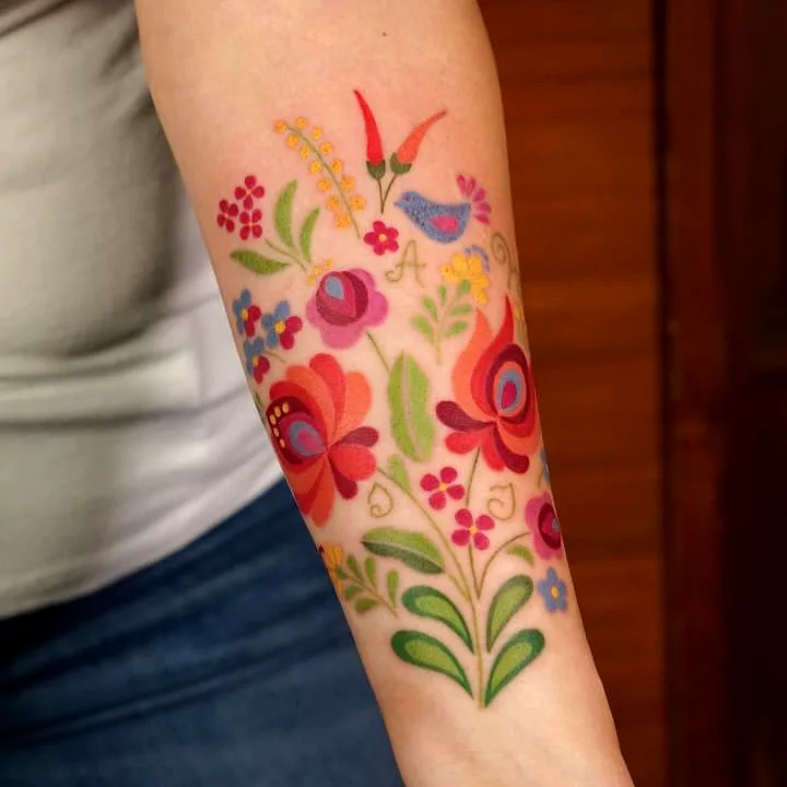 Colorful Flower and Bird Forearm Tattoo
