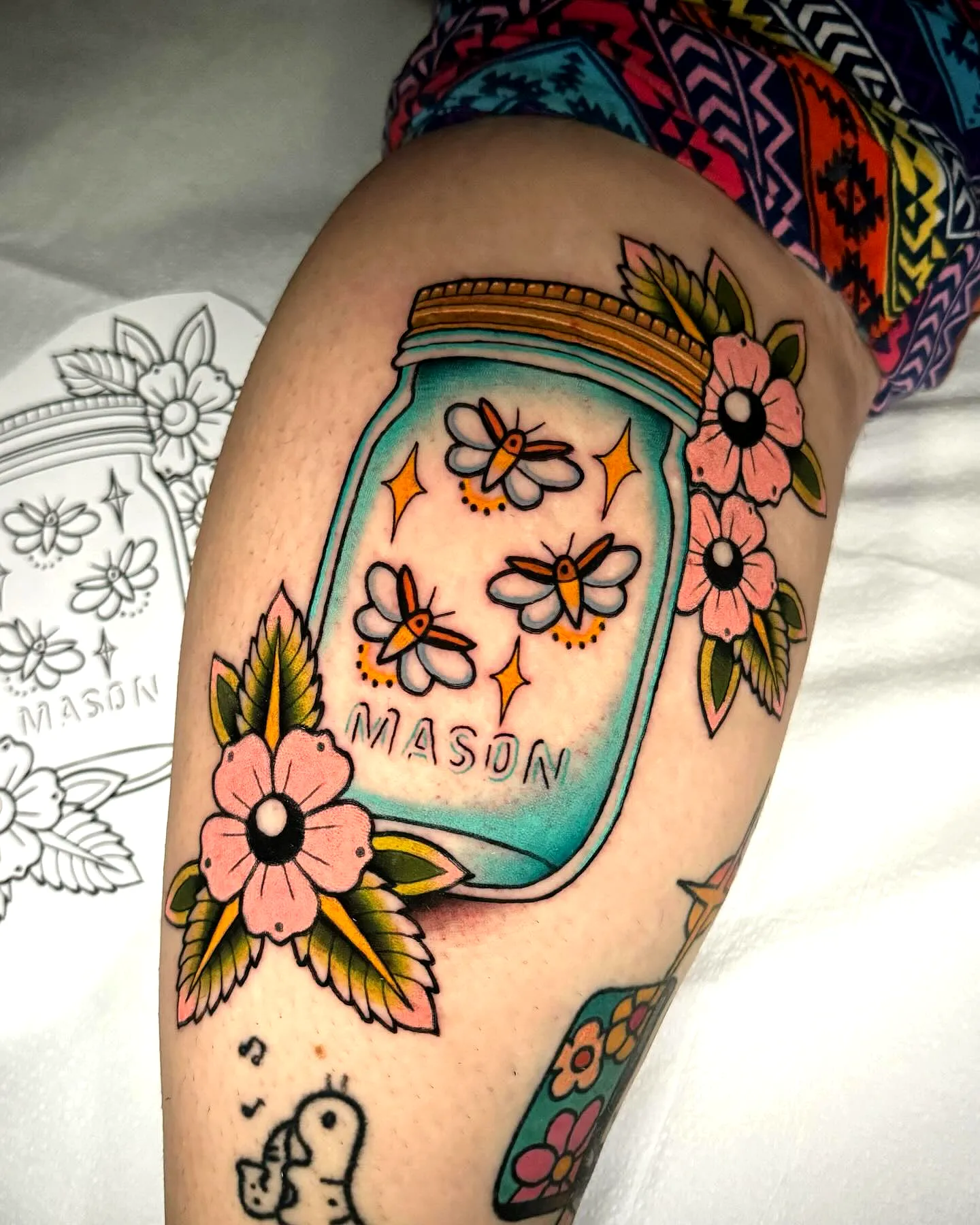 Colorful Mason Jar Thigh Tattoo