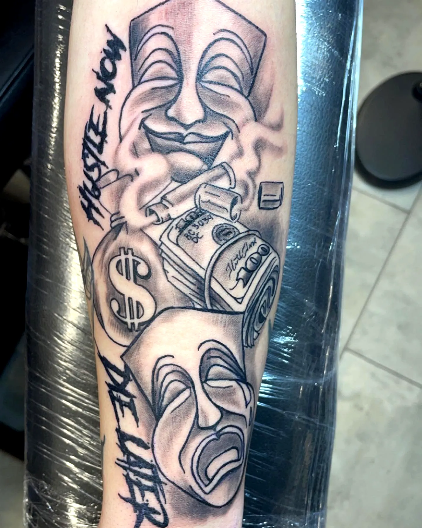 Comedy and Tragedy Mask Arm Tattoo