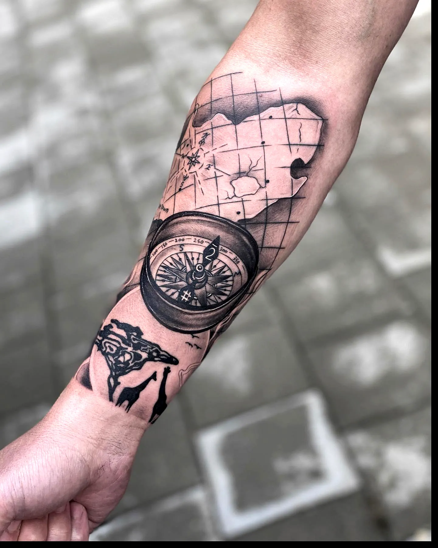 Compass Forearm Tattoo in Black and Gray