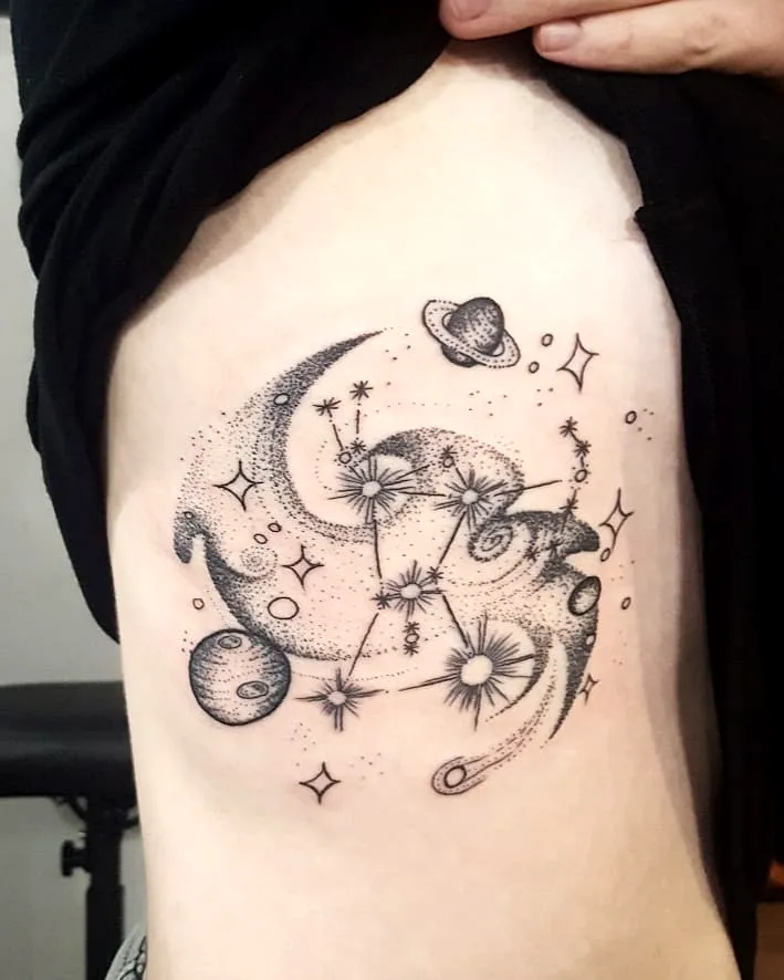 Cosmic Side Tattoo with Planets and Stars