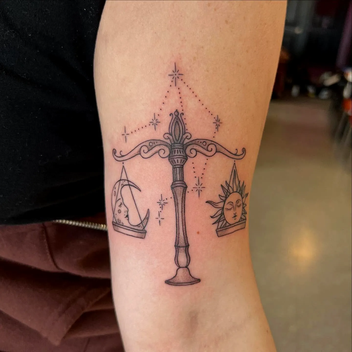 Crescent Moon and Sun Scale Arm Tattoo