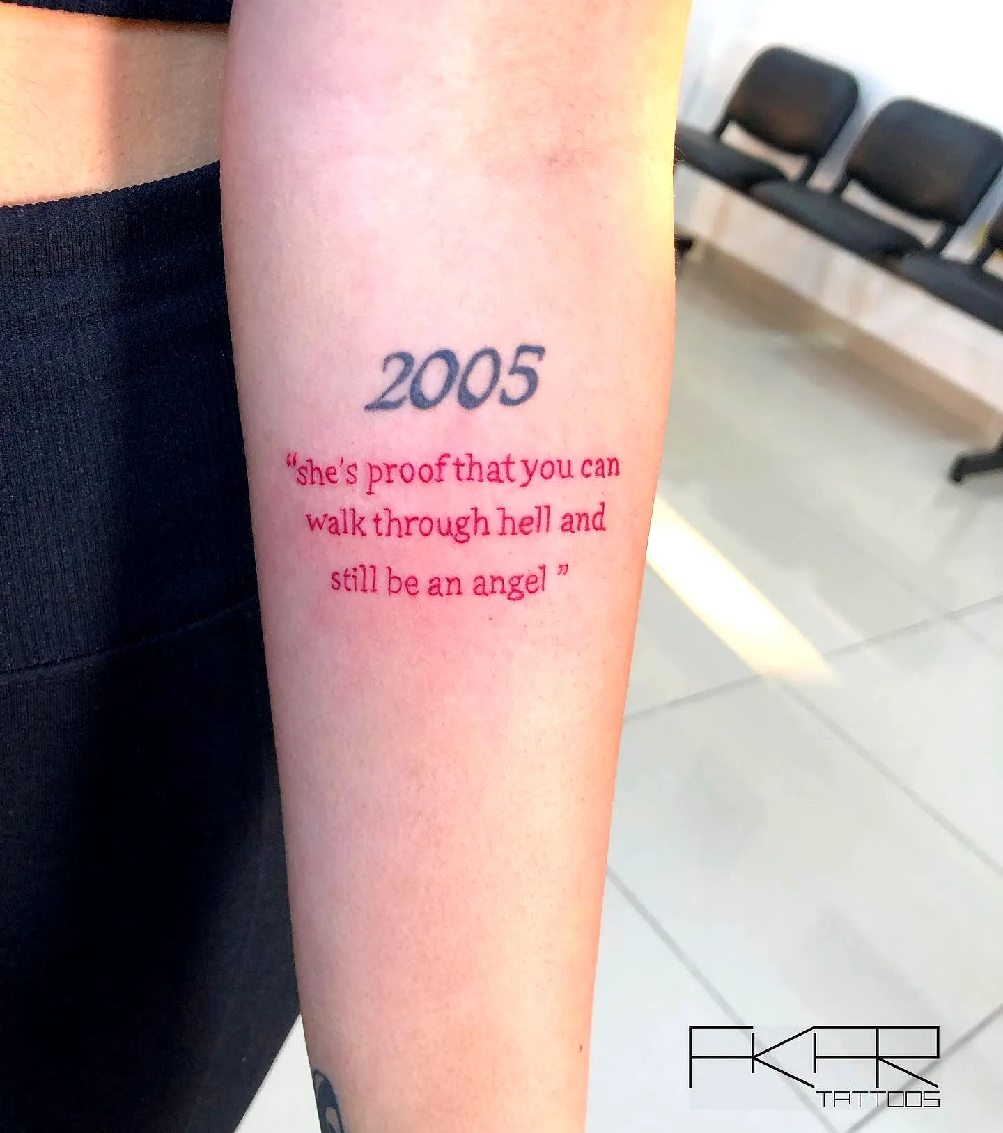 Cursive 2005 Forearm Tattoo in Dark Red