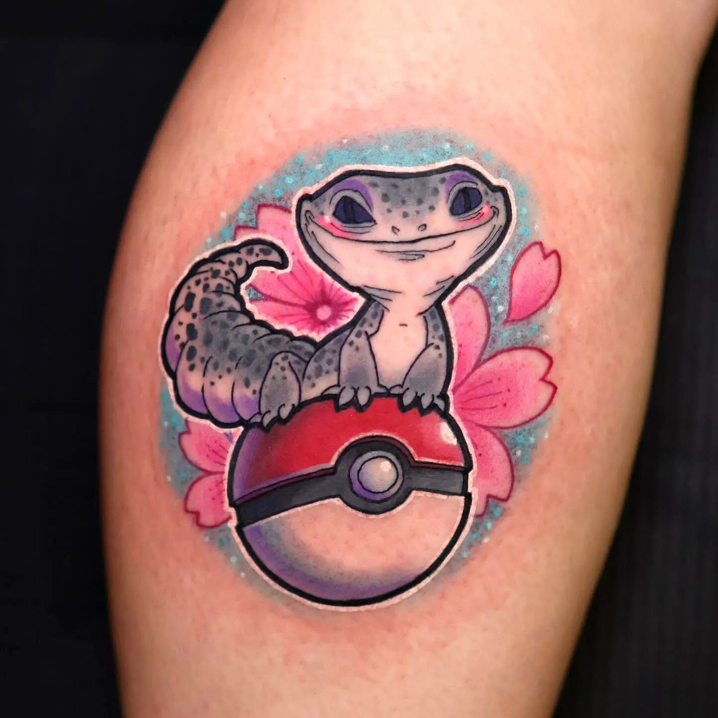 Cute Gecko Poke Ball Calf Tattoo
