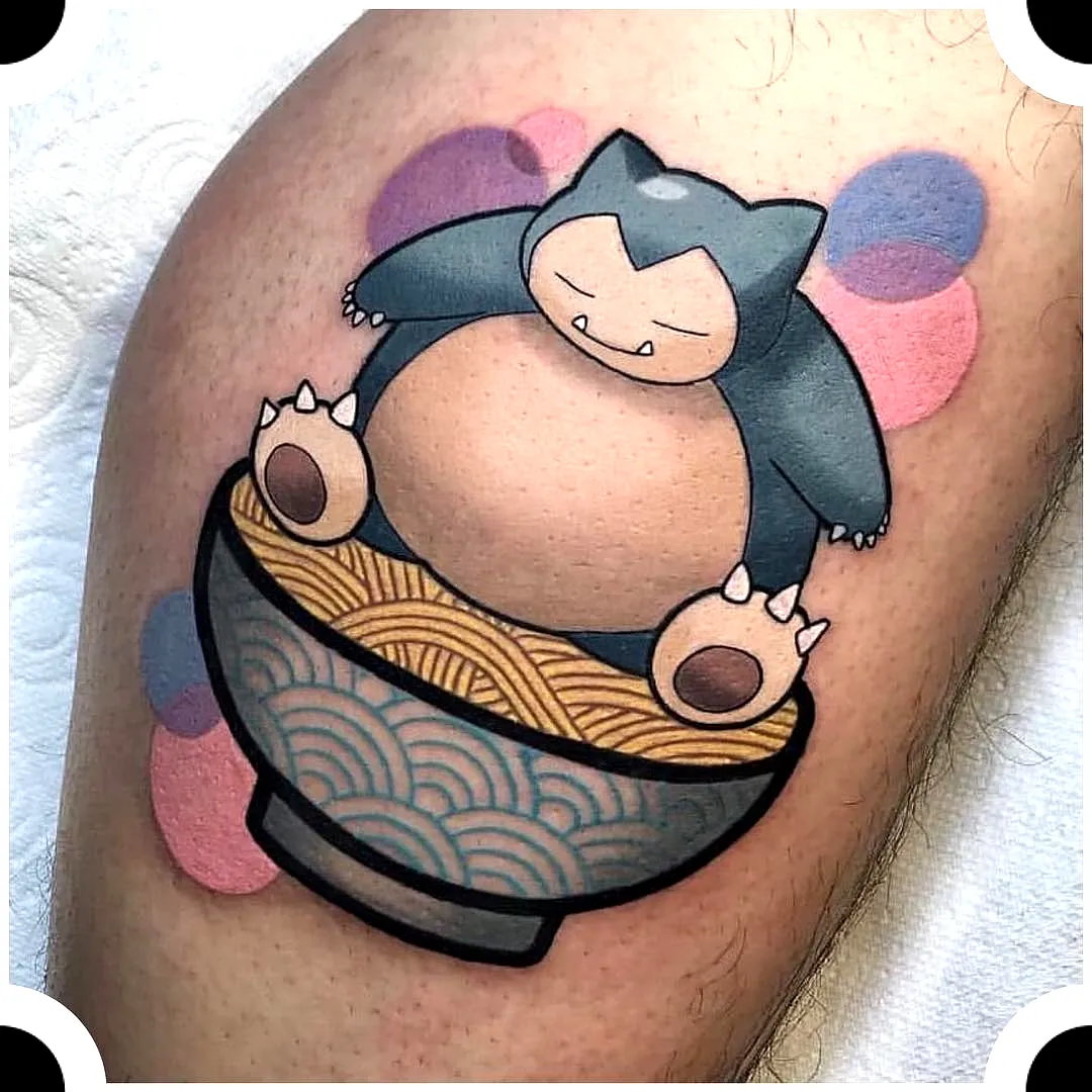 Cute Snorlax Leg Tattoo with Noodles