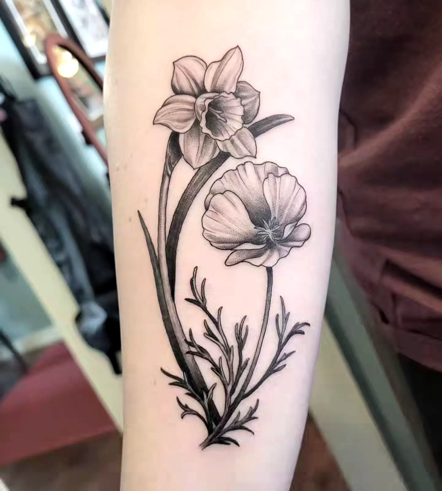 Daffodil Poppy Forearm Tattoo Design