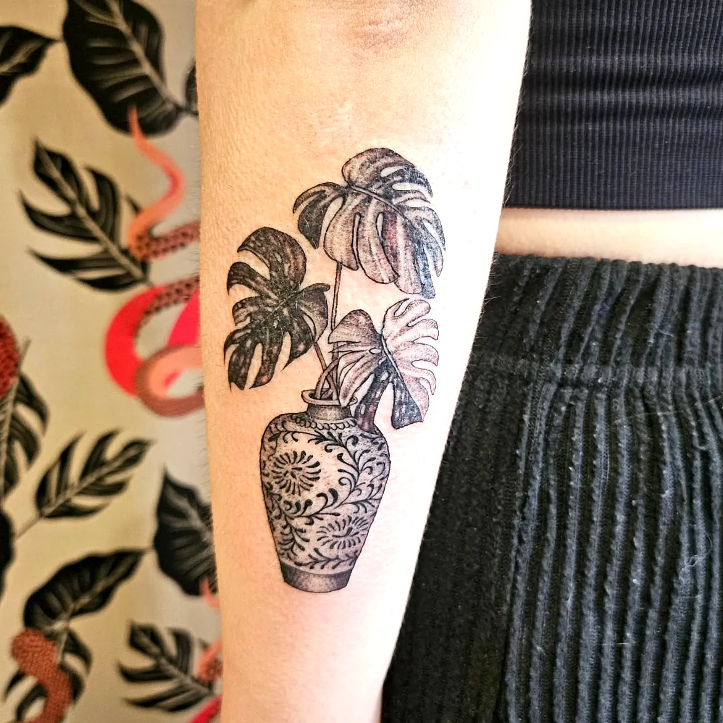 Decorative Vase Arm Tattoo with Palm Leaves