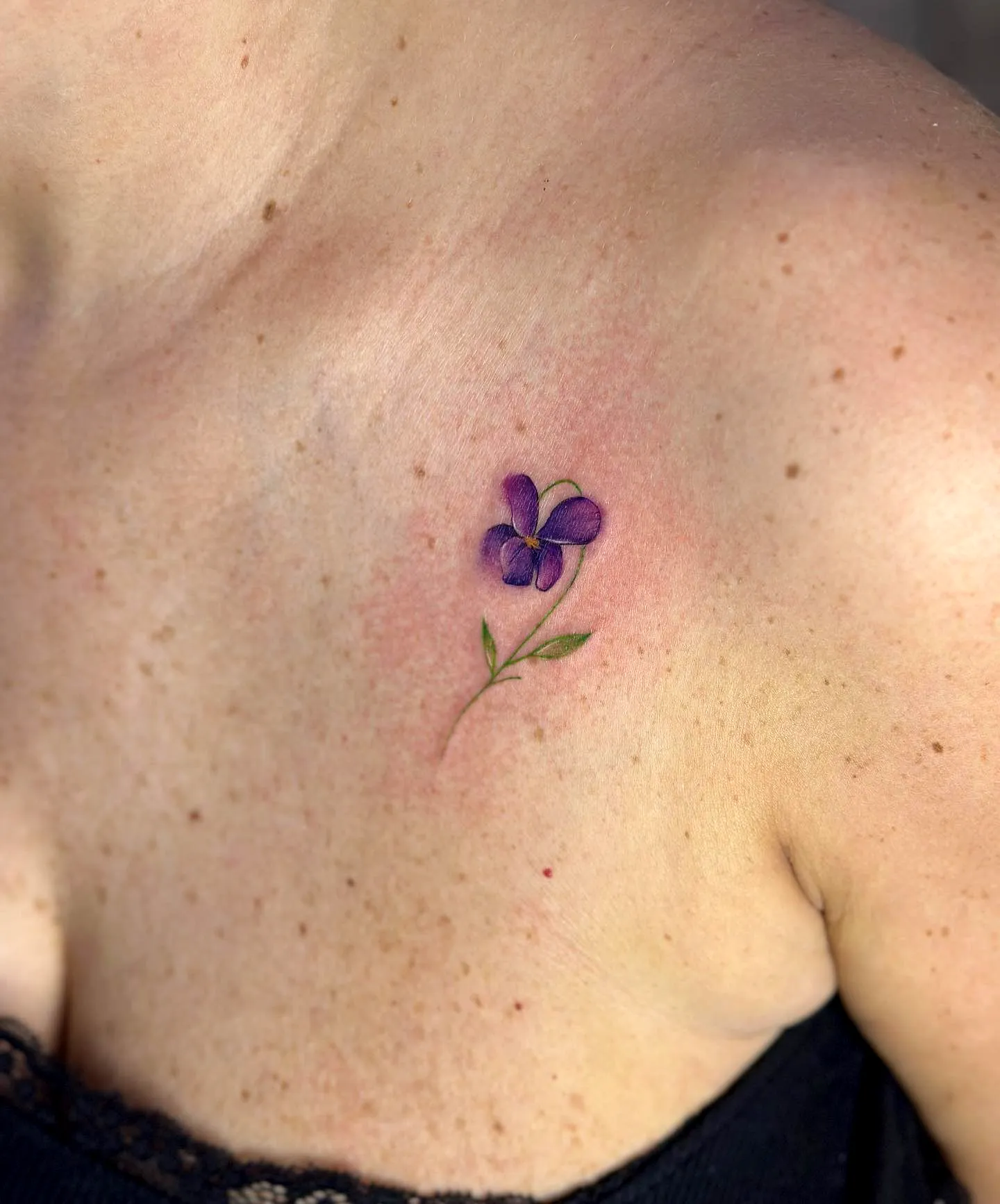 Delicate Violet Flower Chest Tattoo