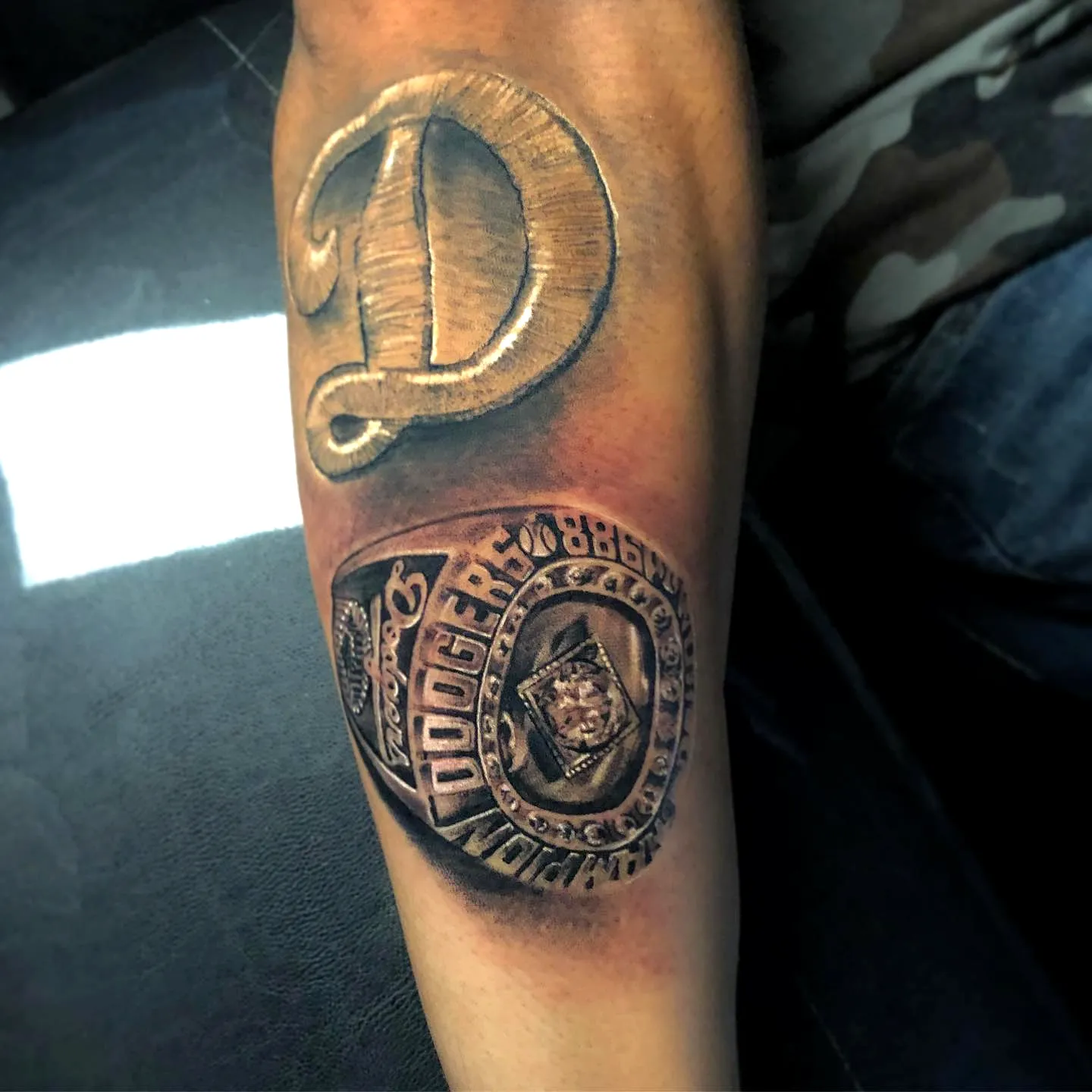 Dodgers Ring D Arm Tattoo in Gray Tones