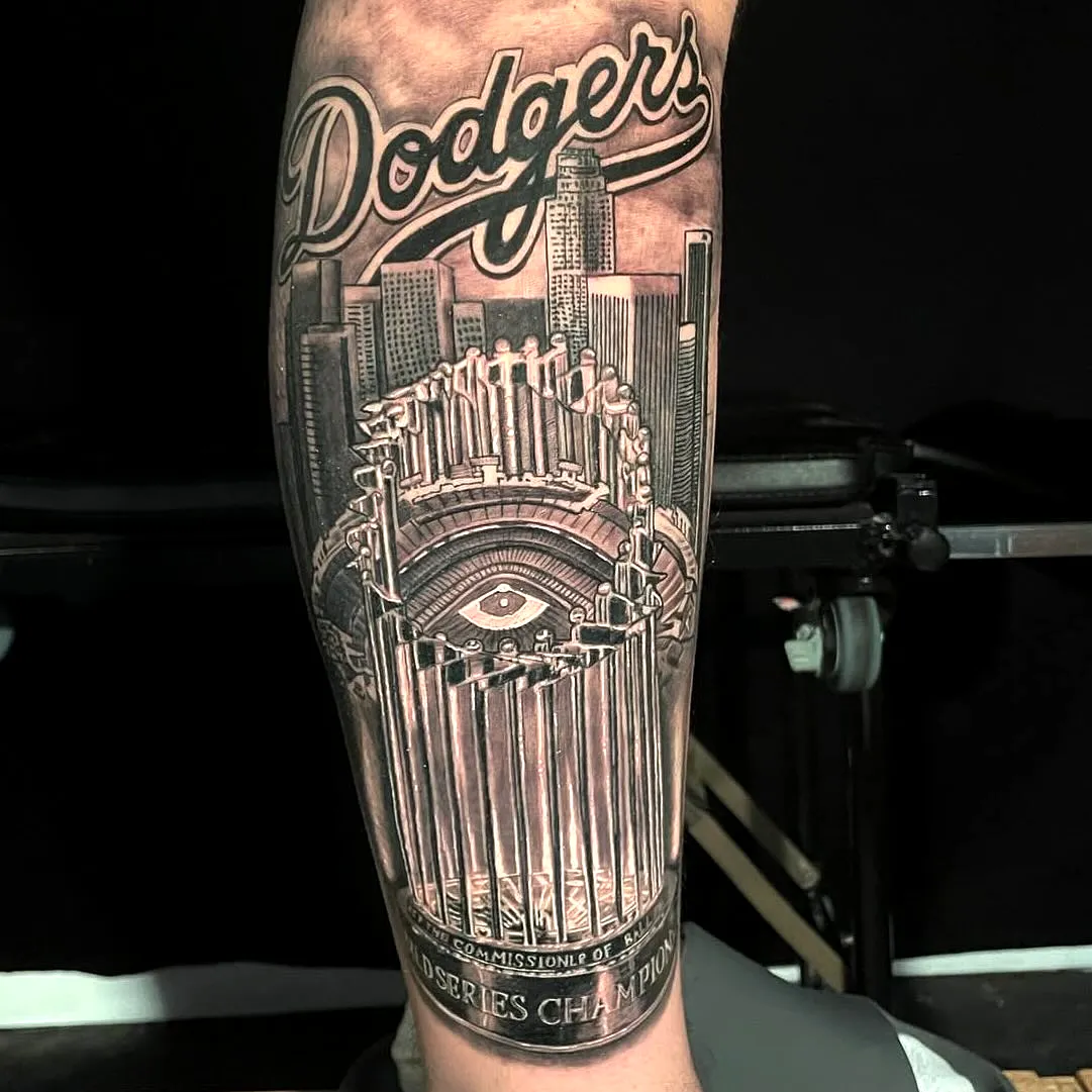 Dodgers Trophy Arm Tattoo in Black and Gray