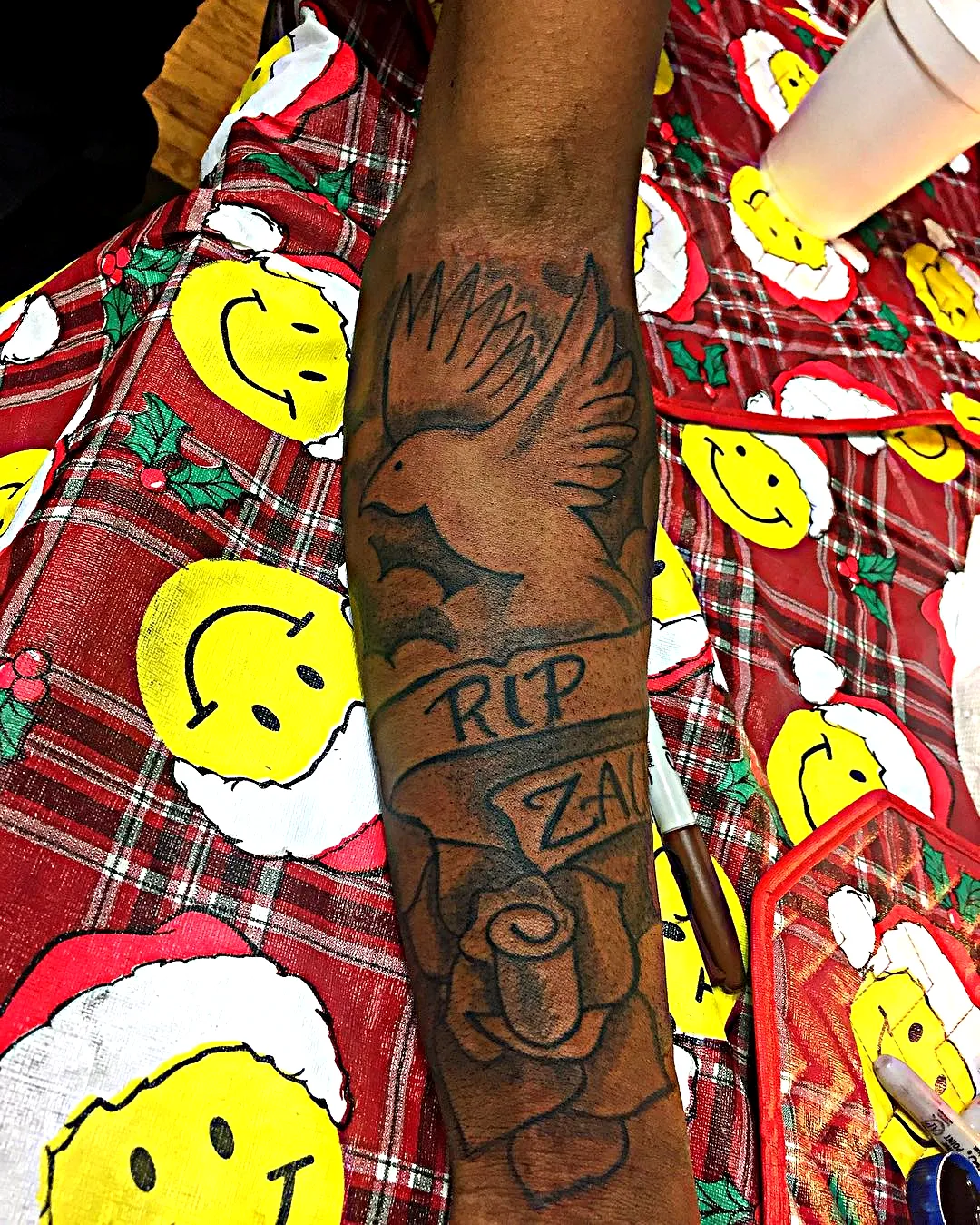 Dove Arm Tattoo with Rose and Banner