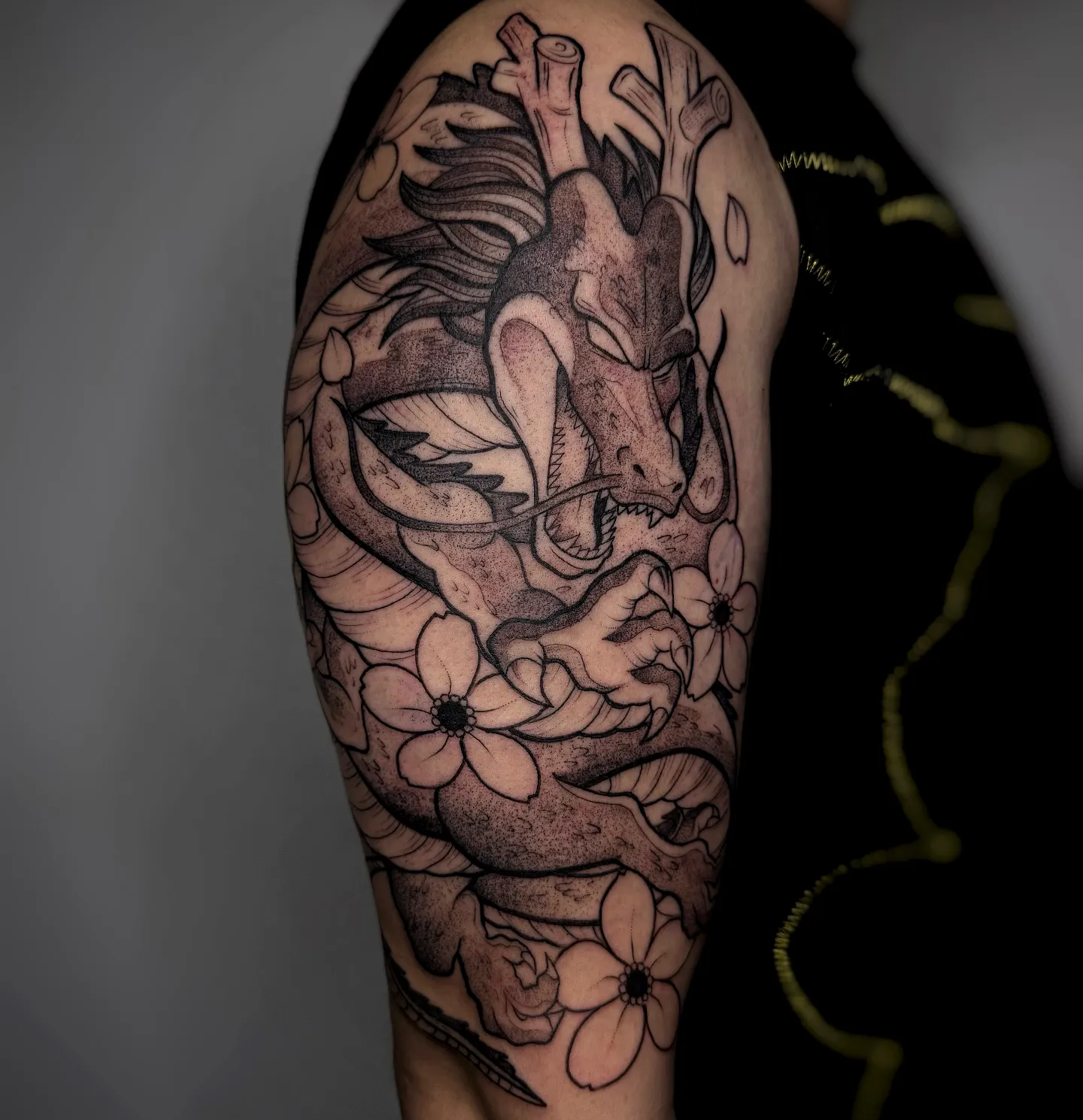 Dragon Cherry Blossom Arm Tattoo