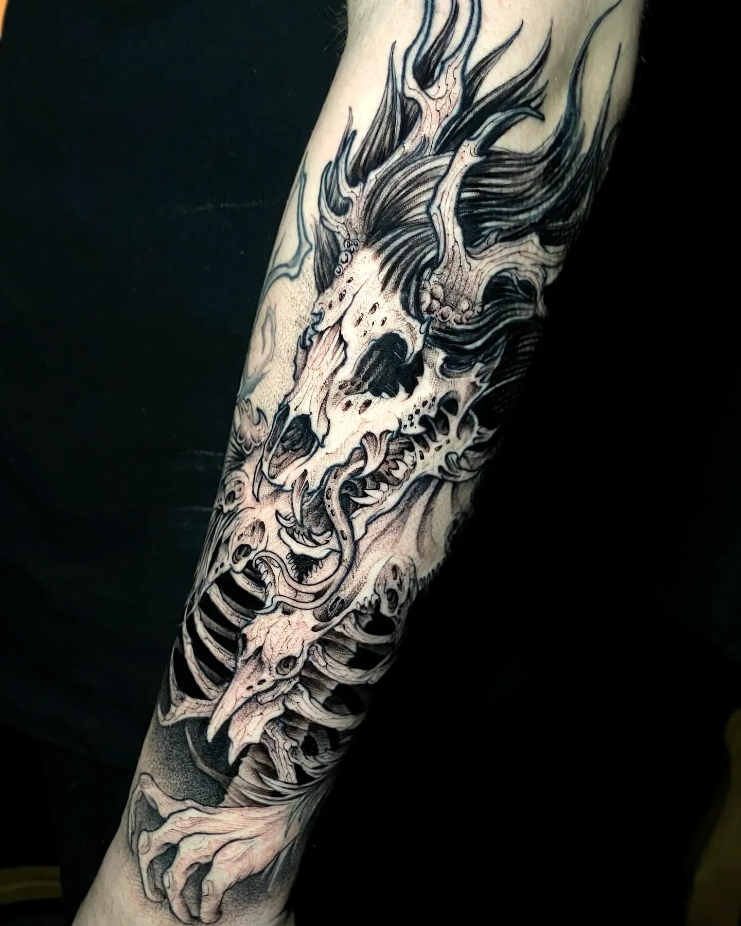 Dragon Skull Forearm Tattoo with Flames