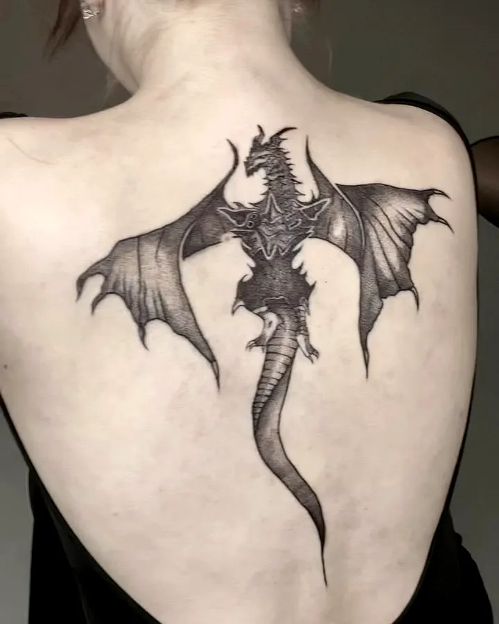 Dragon Upper Back Tattoo in Black and Gray