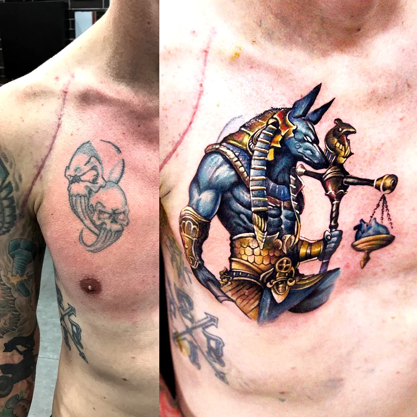 Egyptian Anubis Chest Tattoo in Blue and Gold