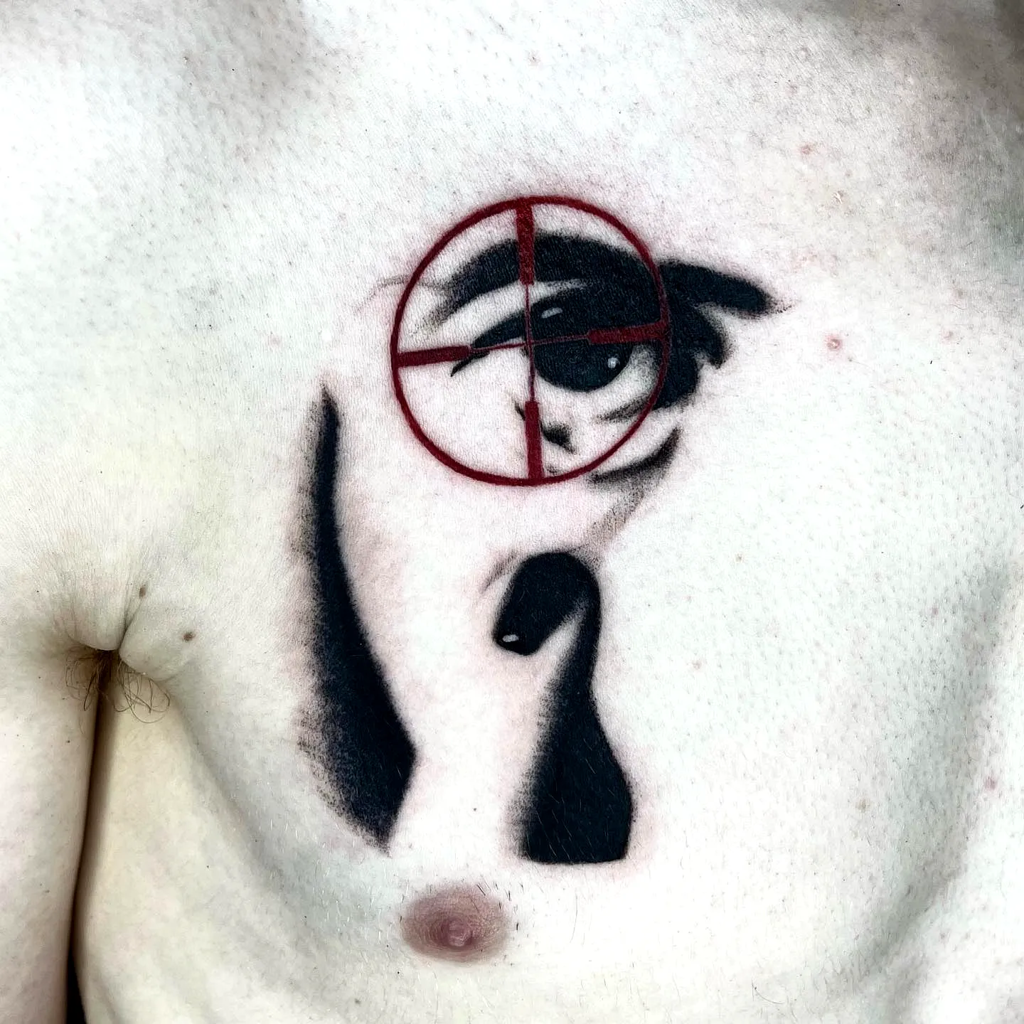 Eye in Red Crosshair Chest Tattoo