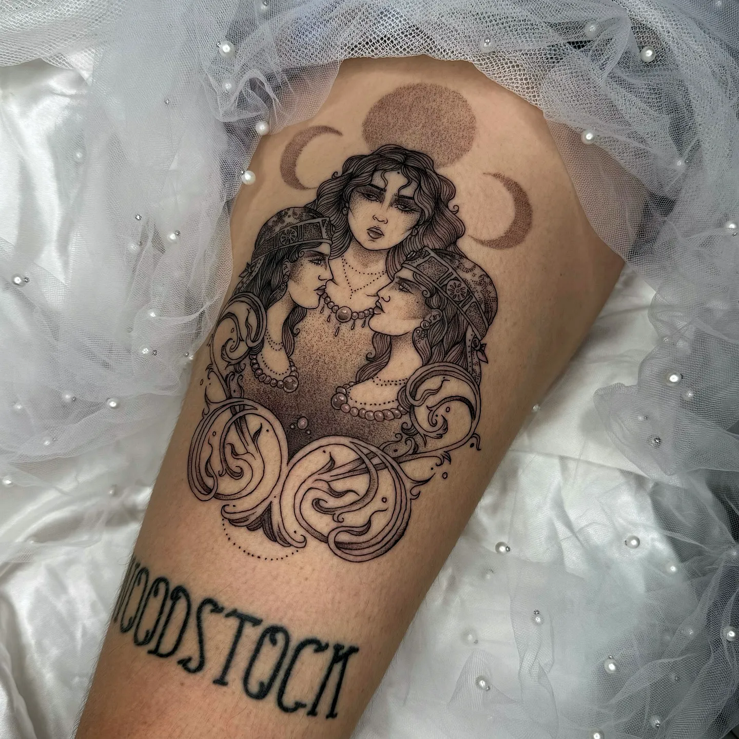 Female Figures Leg Tattoo with Moons