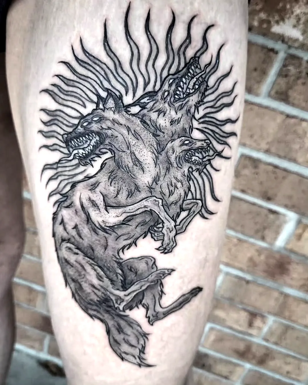 Fierce Cerberus Arm Tattoo in Black and Gray